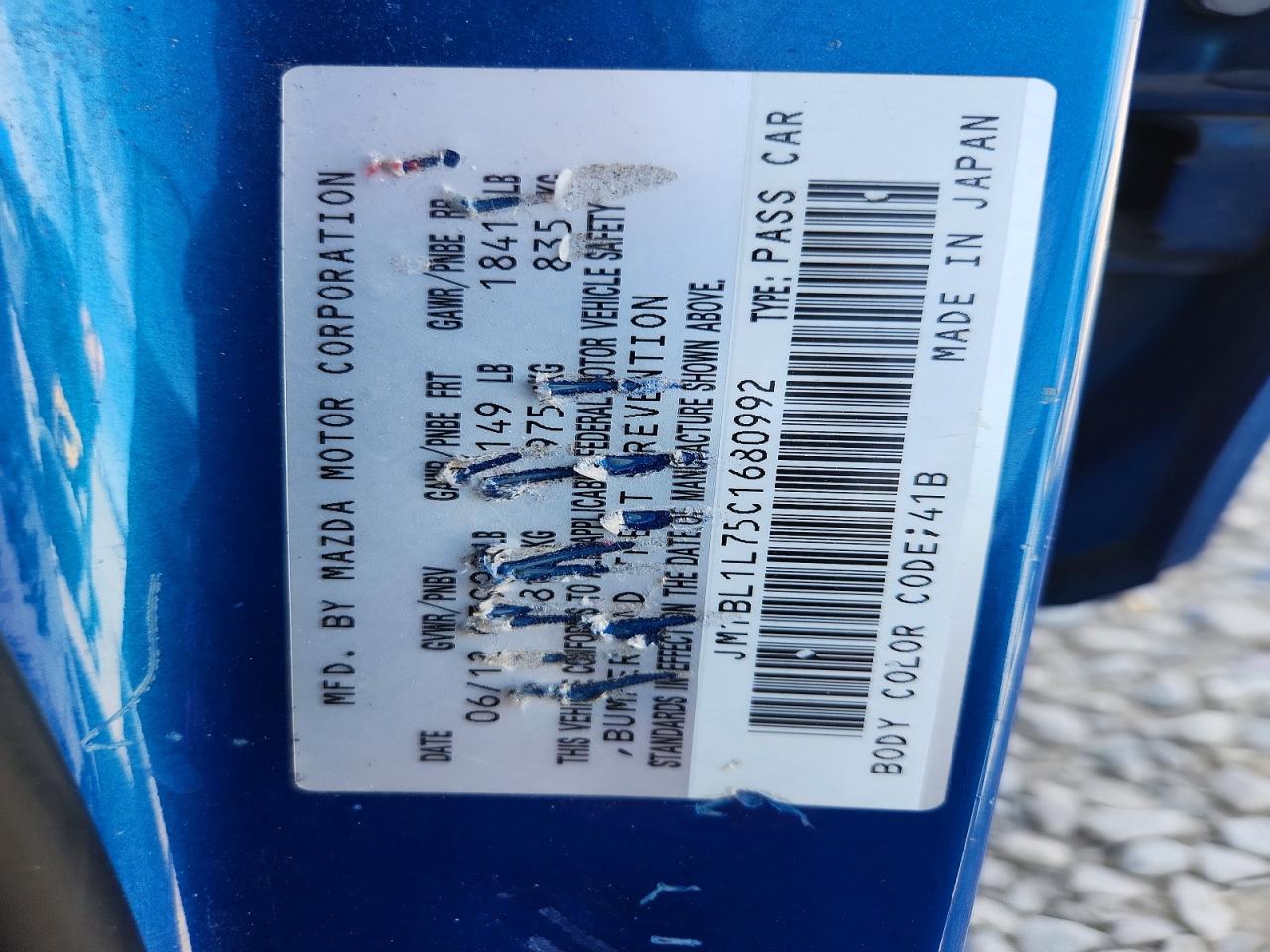 2012 Mazda 3 I Blue vin: JM1BL1L75C1680992