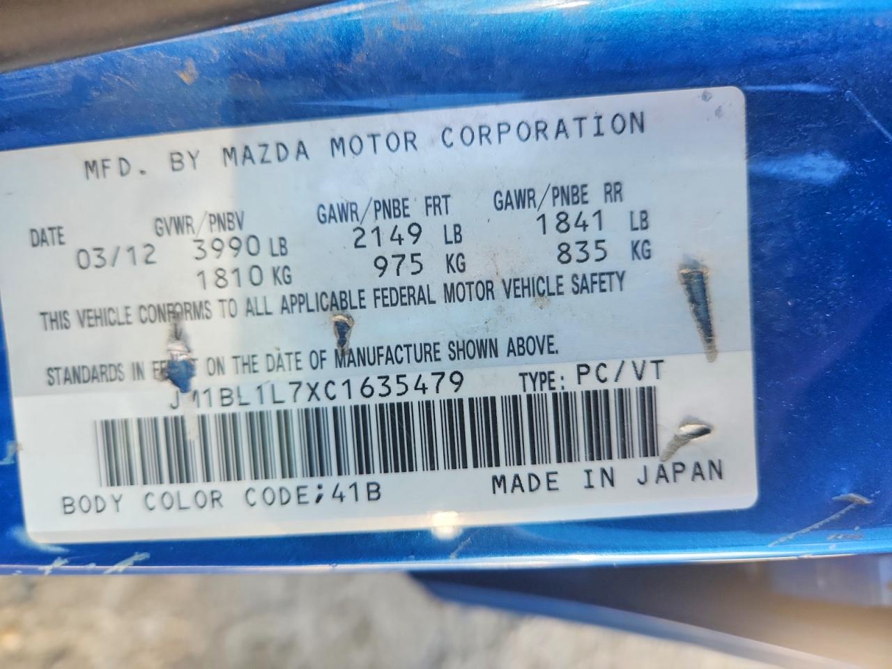 2012 Mazda 3 I Blue vin: JM1BL1L7XC1635479