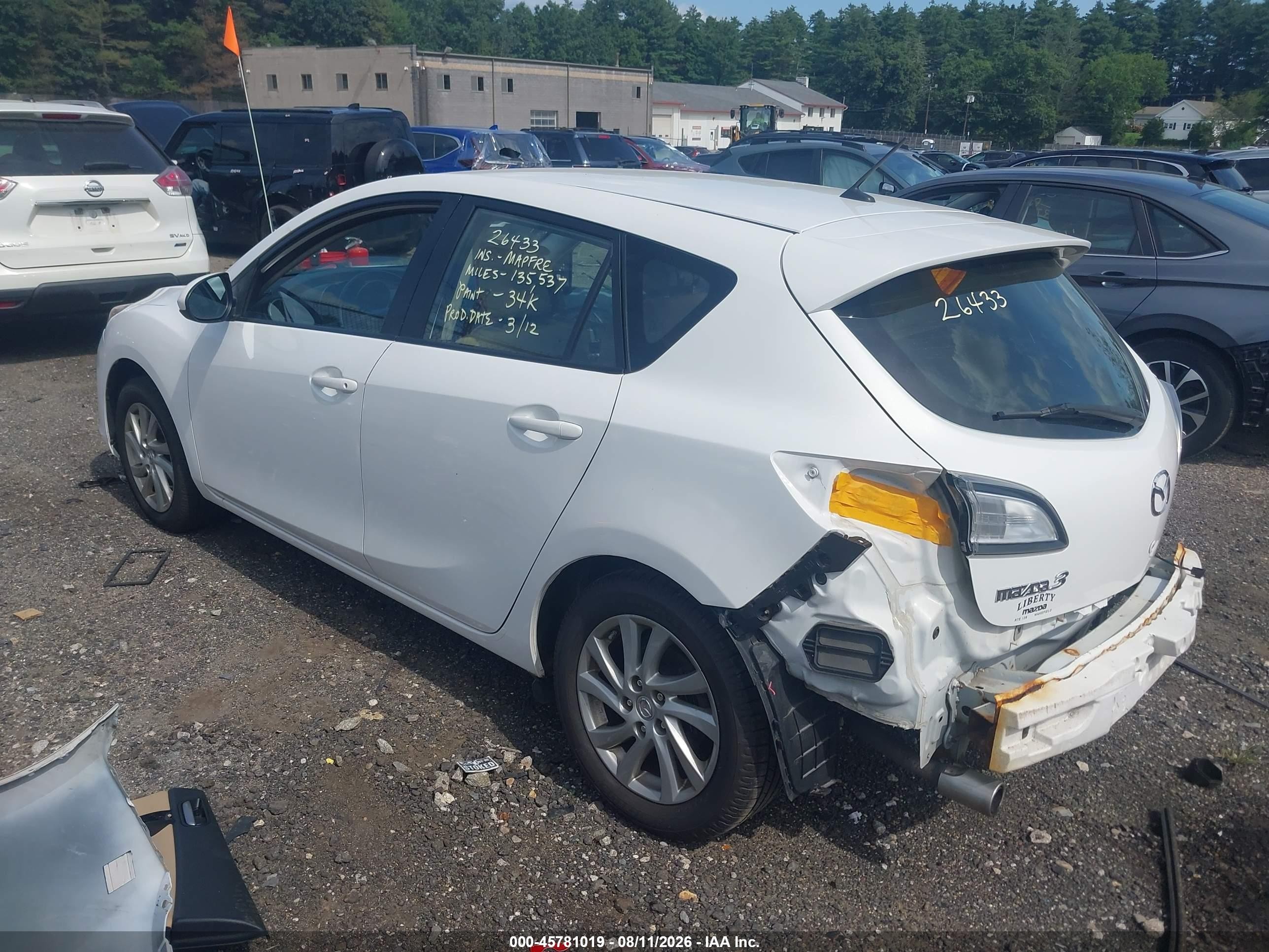 2012 Mazda Mazda3 I Touring White vin: JM1BL1L85C1639044