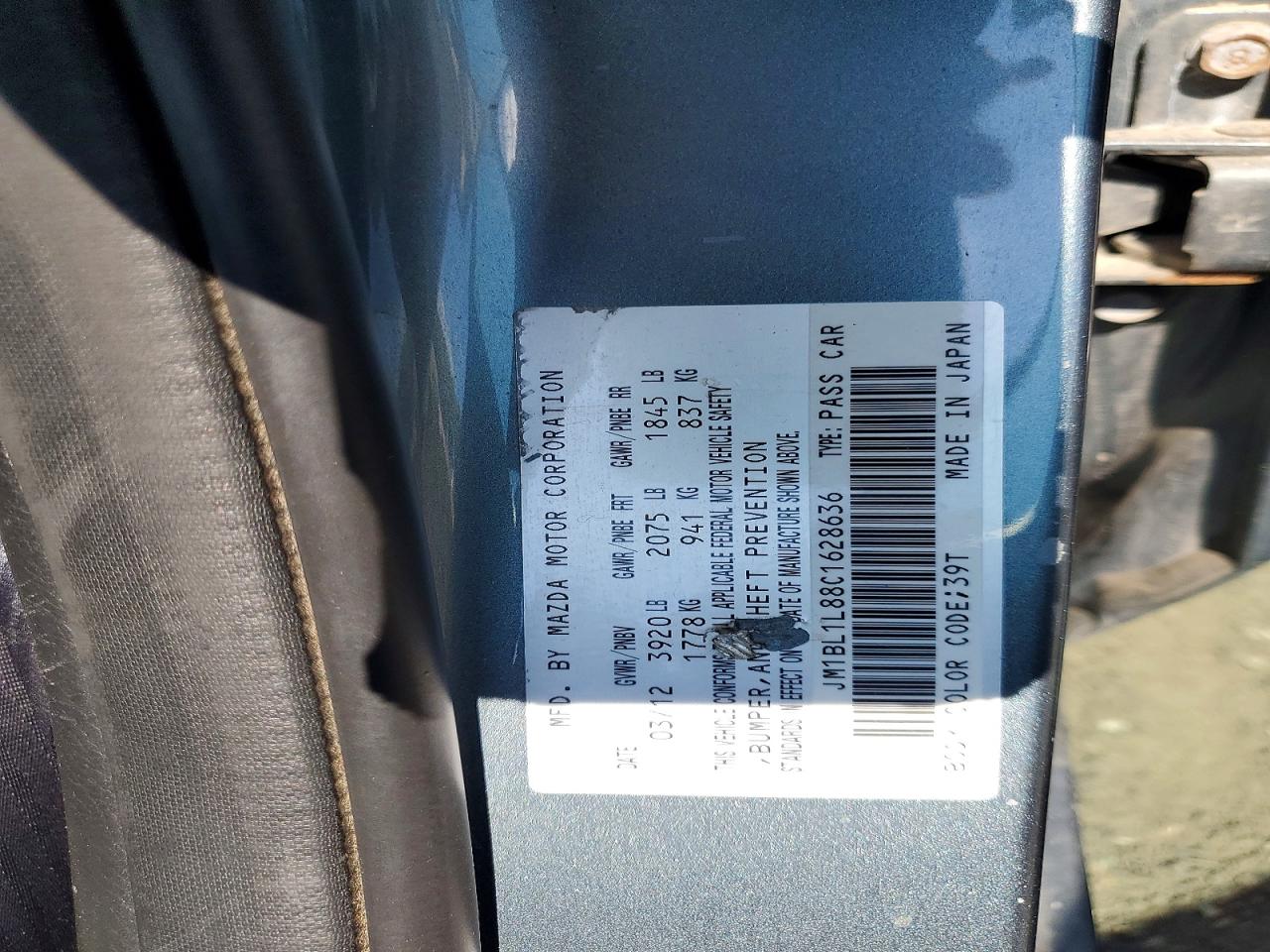 2012 Mazda 3 I Teal vin: JM1BL1L88C1628636