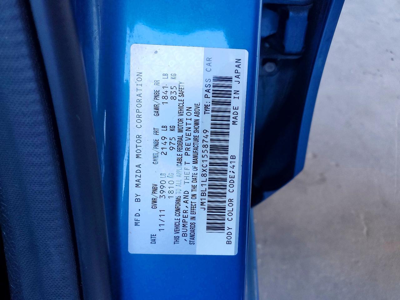 2012 Mazda 3 I Blue vin: JM1BL1L8XC1558749