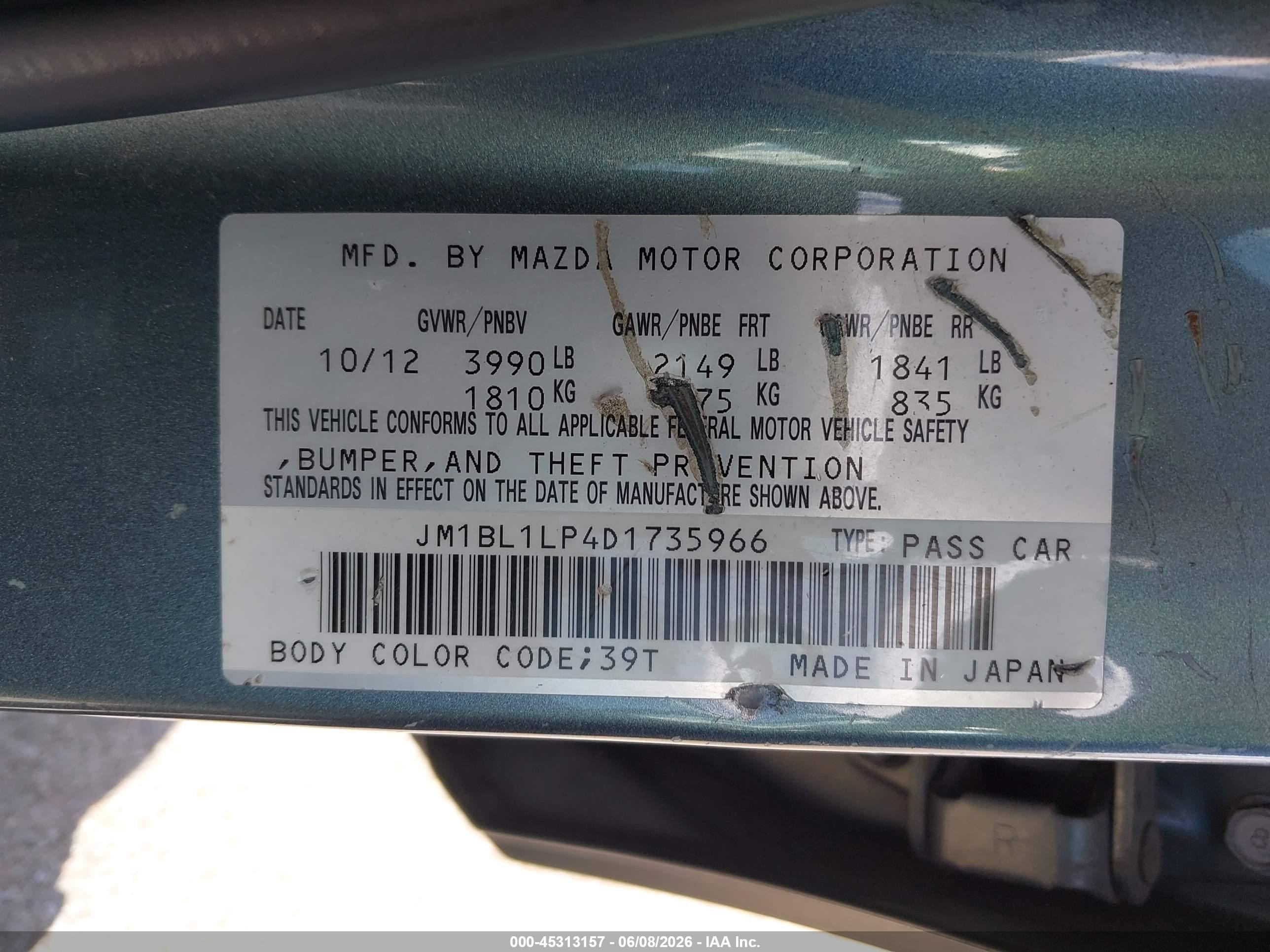 2013 Mazda Mazda3 I Touring Teal vin: JM1BL1LP4D1735966