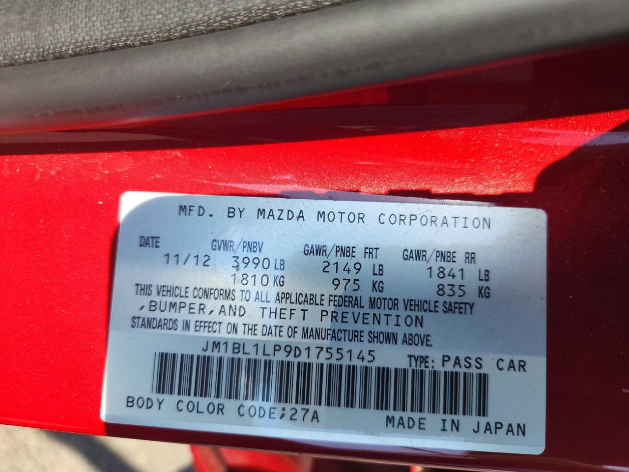 2013 Mazda 3 I Red vin: JM1BL1LP9D1755145