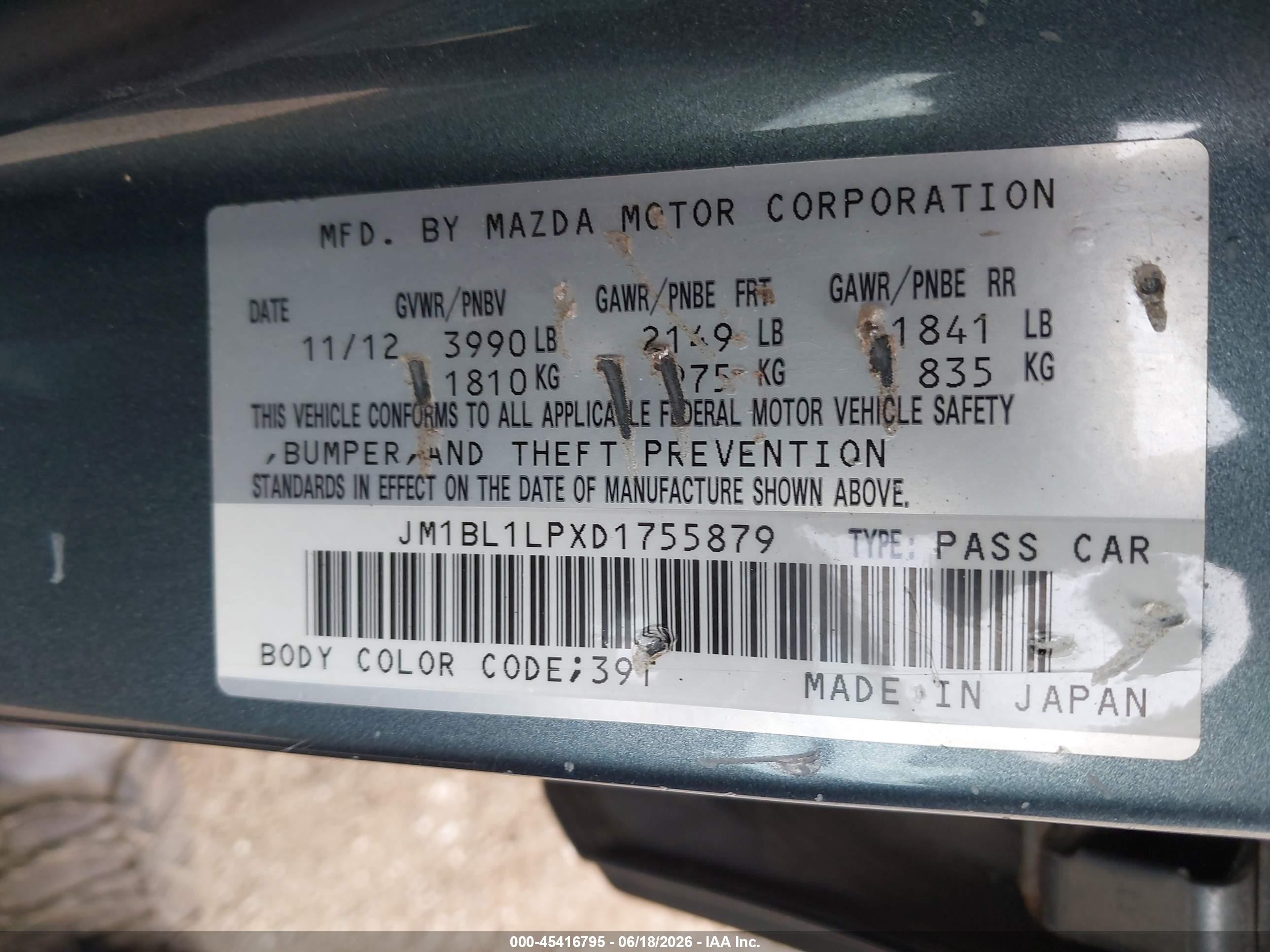 2013 Mazda Mazda3 I Touring Teal vin: JM1BL1LPXD1755879