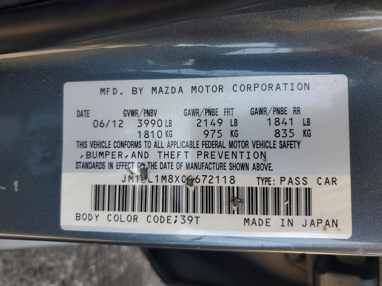 2012 Mazda 3 I Blue vin: JM1BL1M8XC1672118