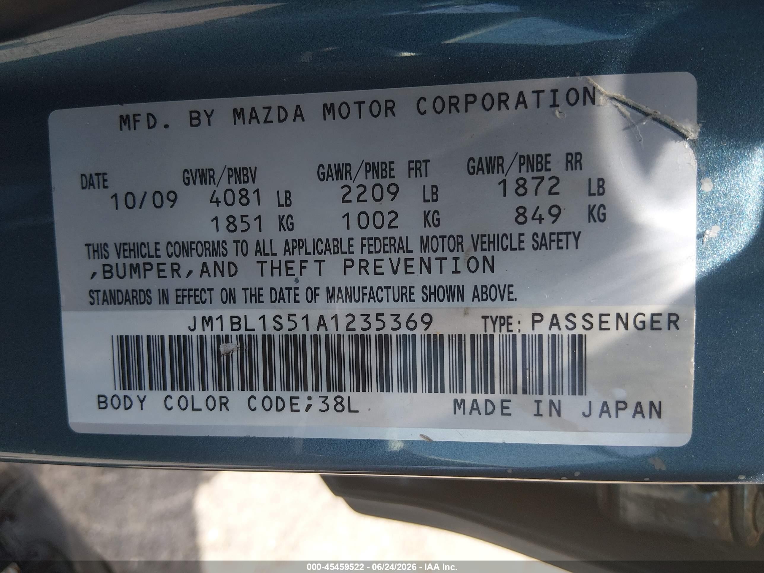 2010 Mazda Mazda3 S Sport Teal vin: JM1BL1S51A1235369