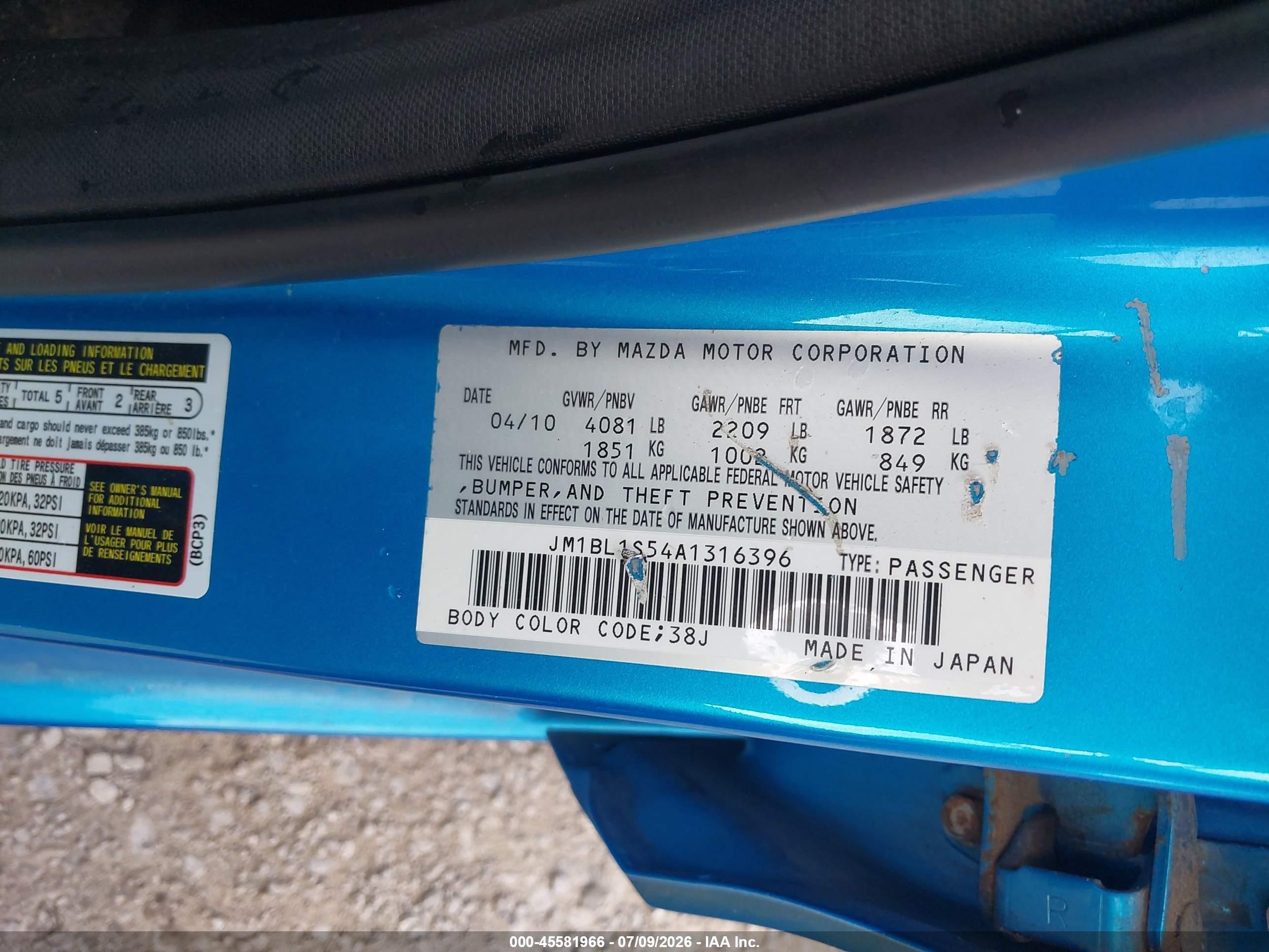 2010 Mazda Mazda3 S Sport Blue vin: JM1BL1S54A1316396