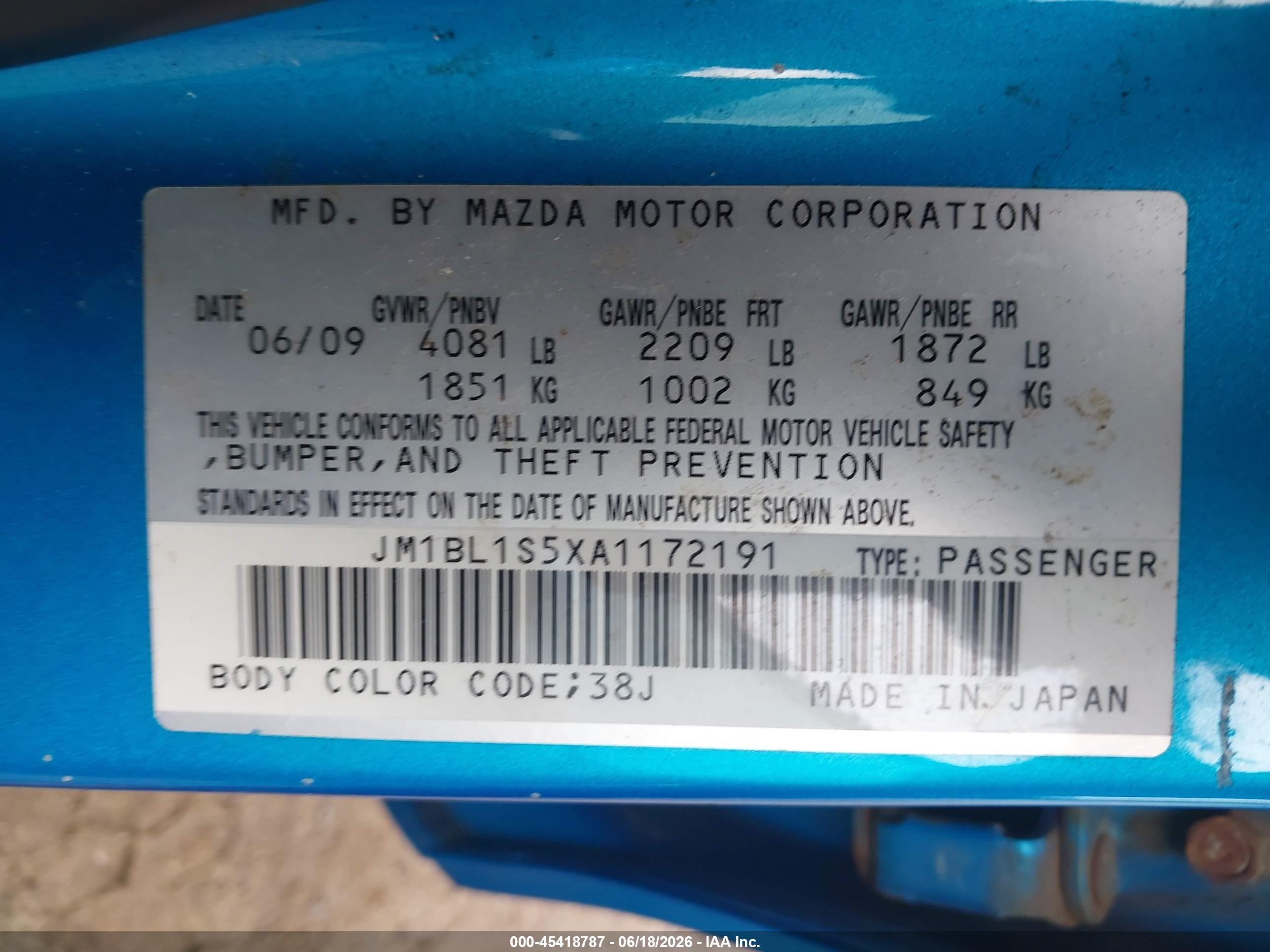 2010 Mazda Mazda3 S Sport Blue vin: JM1BL1S5XA1172191