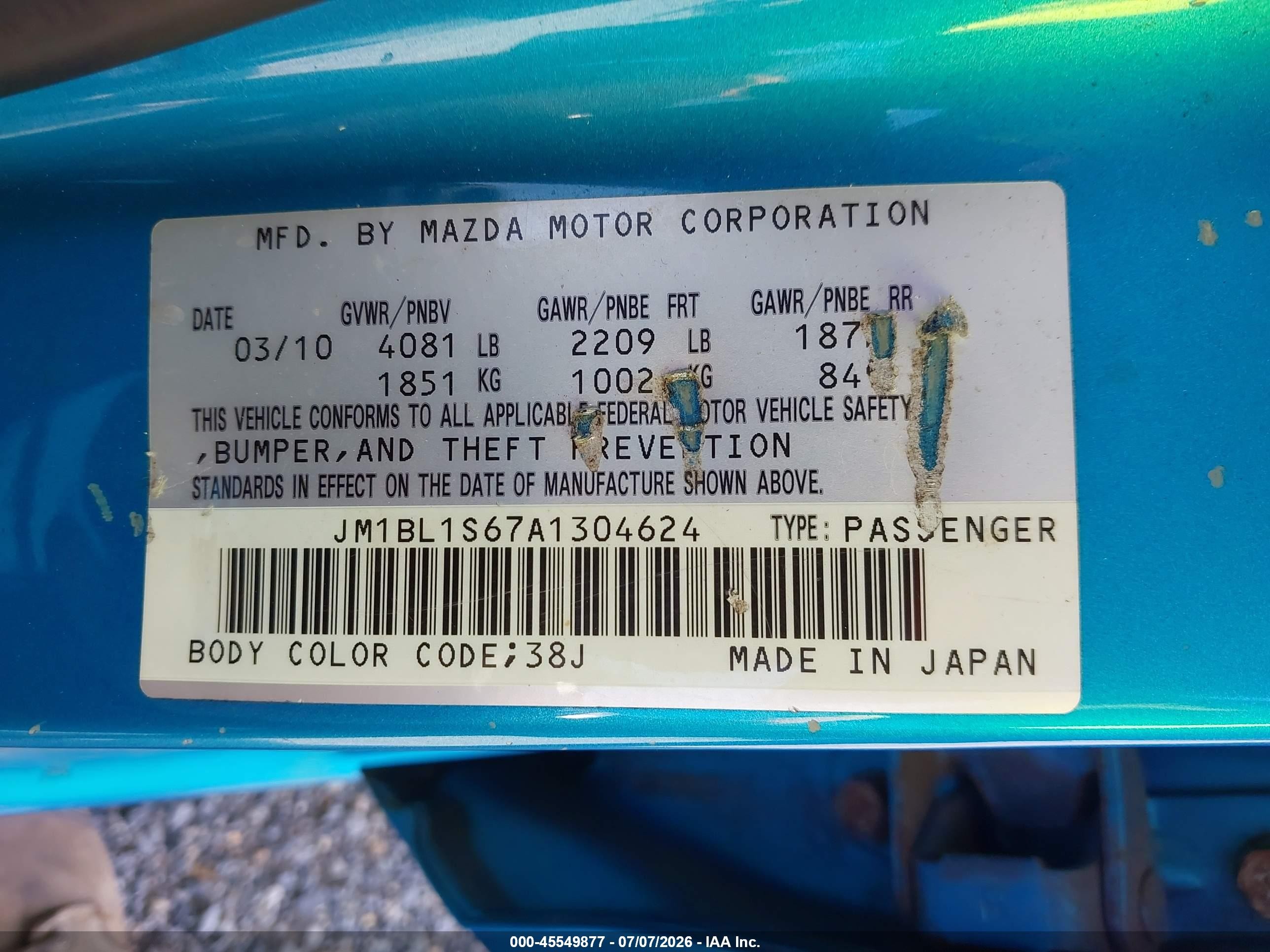 2010 Mazda Mazda3 S Sport Blue vin: JM1BL1S67A1304624