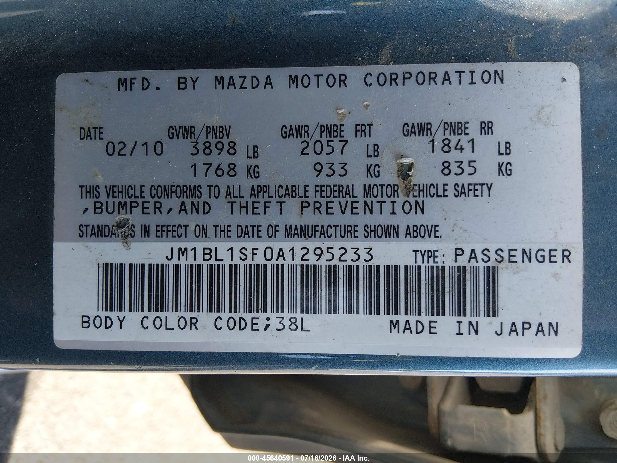 2010 Mazda Mazda3 I Touring Light Blue vin: JM1BL1SF0A1295233