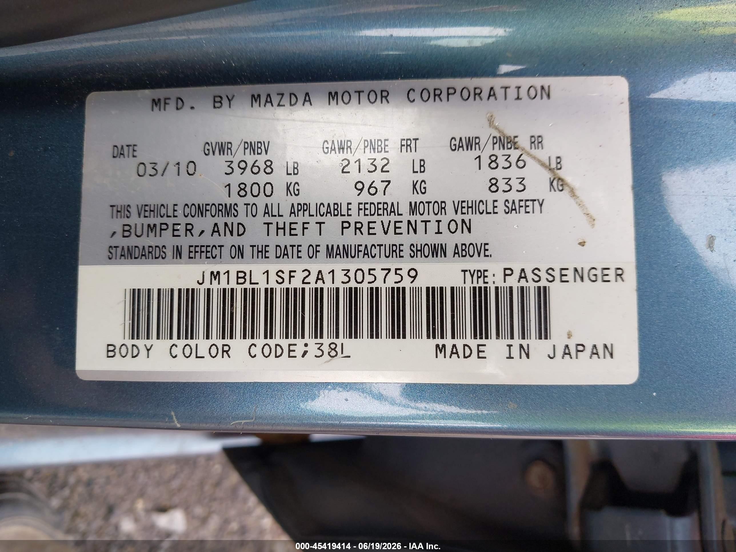 2010 Mazda Mazda3 I Sport Blue vin: JM1BL1SF2A1305759