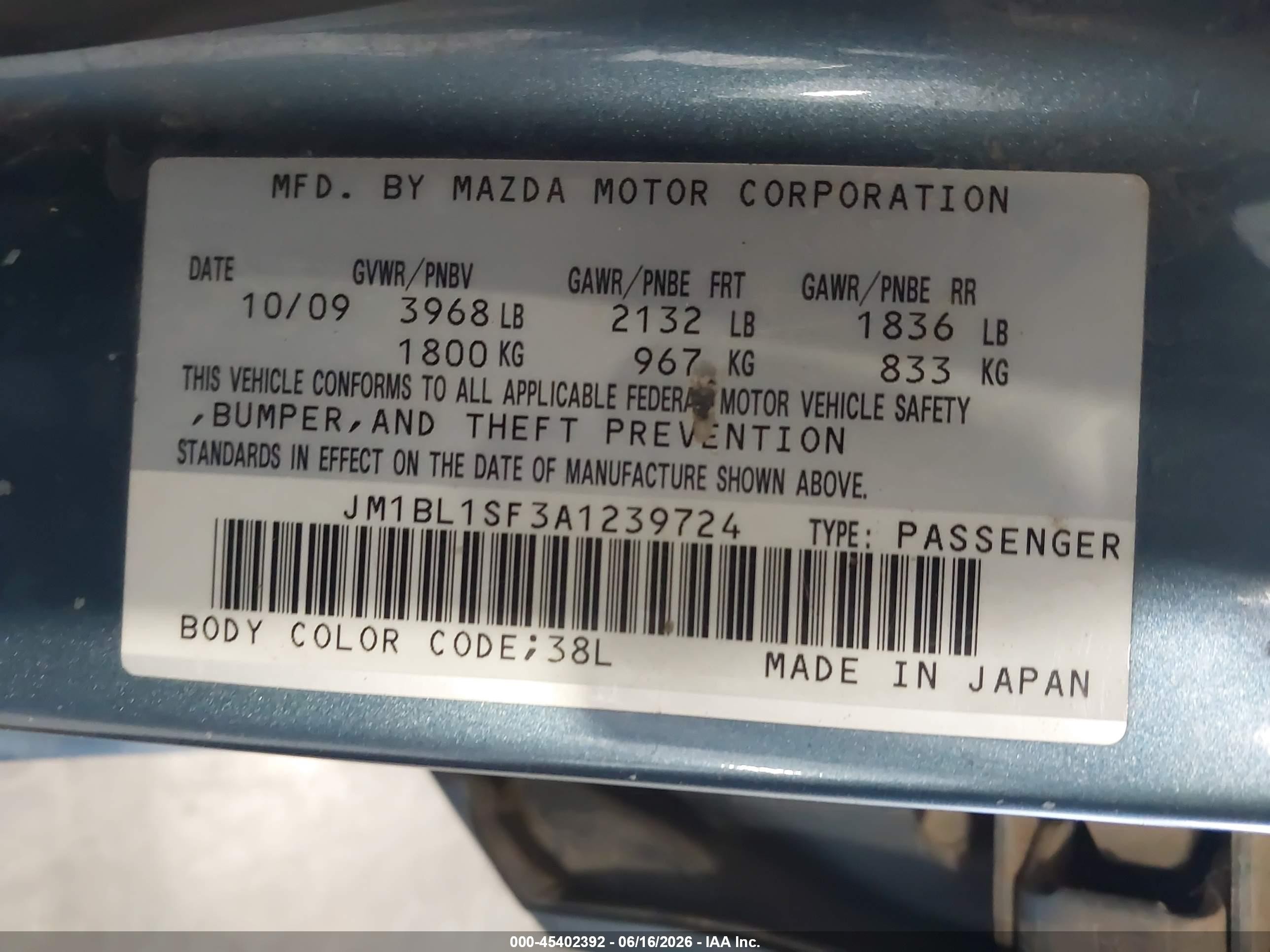 2010 Mazda Mazda3 I Touring Teal vin: JM1BL1SF3A1239724