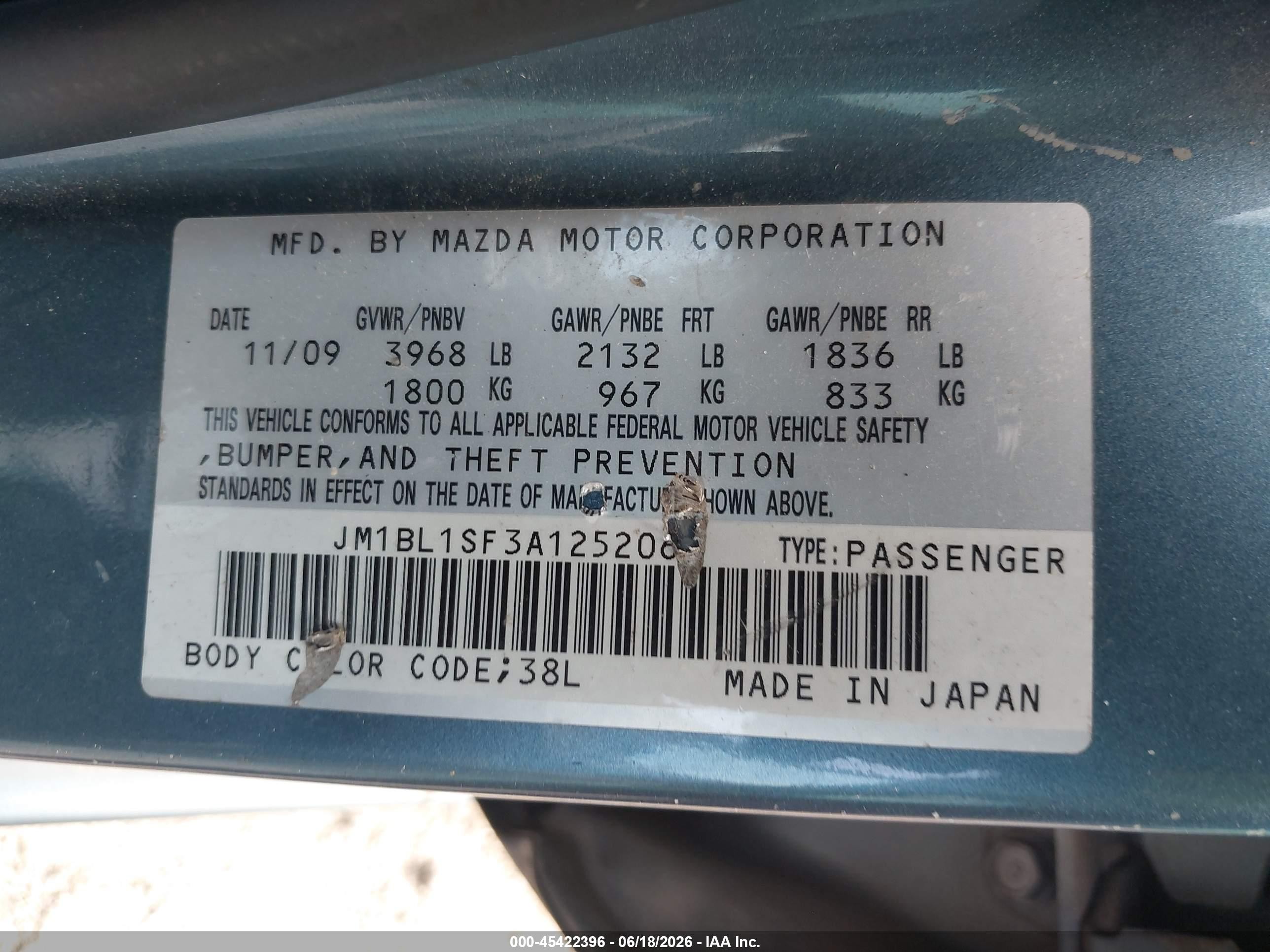 2010 Mazda Mazda3 I Touring Blue vin: JM1BL1SF3A1252067