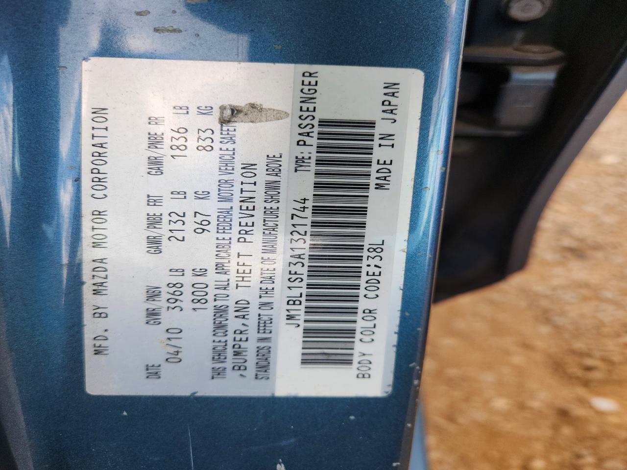 2010 Mazda 3 I Turquoise vin: JM1BL1SF3A1321744