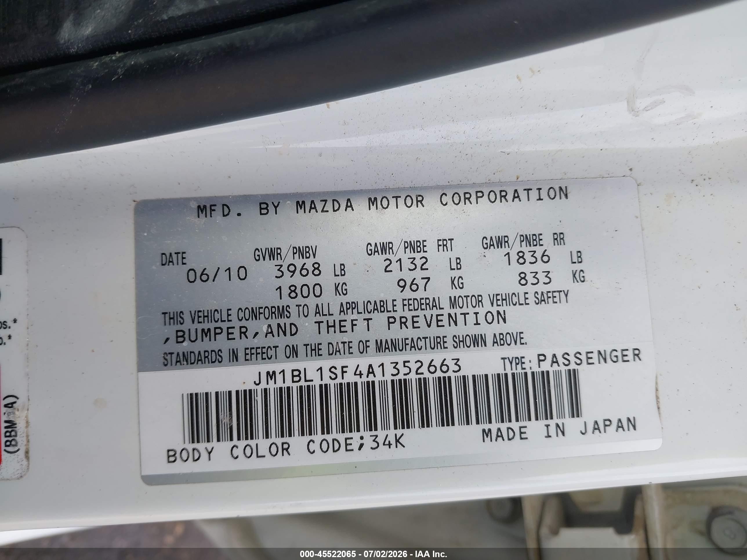 2010 Mazda Mazda3 I Touring White vin: JM1BL1SF4A1352663
