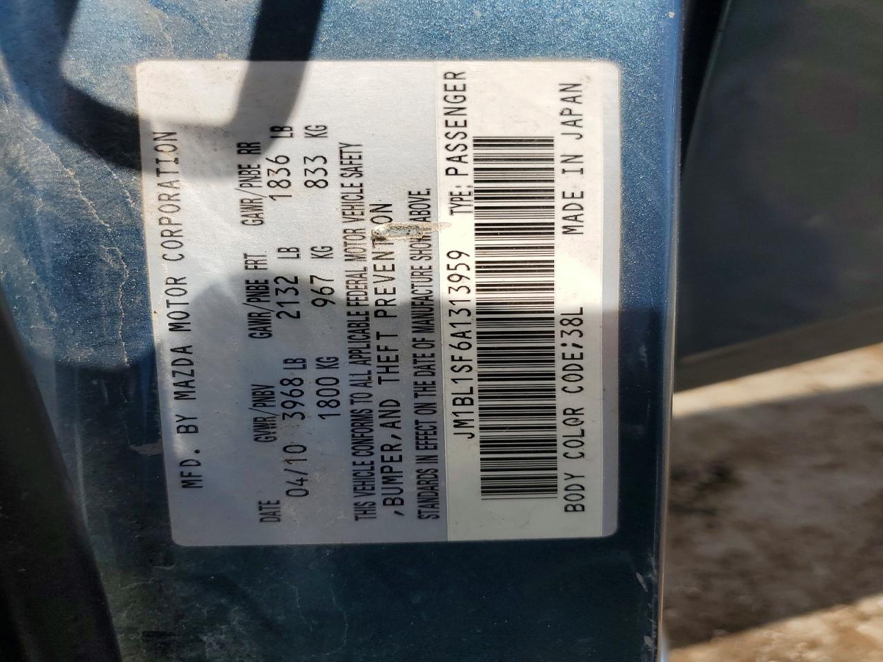 2010 Mazda 3 I Blue vin: JM1BL1SF6A1313959