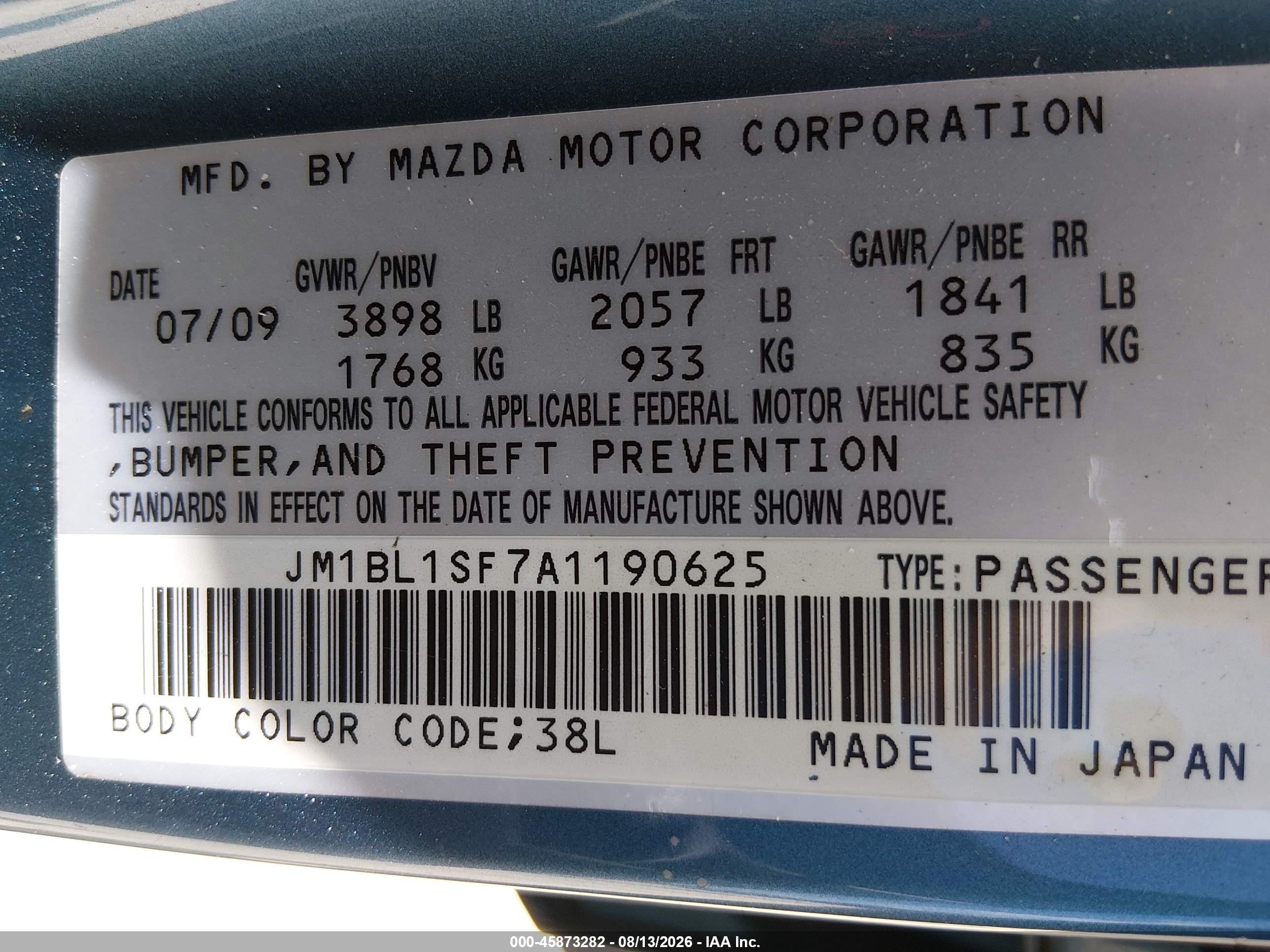 2010 Mazda Mazda3 I Touring Light Blue vin: JM1BL1SF7A1190625