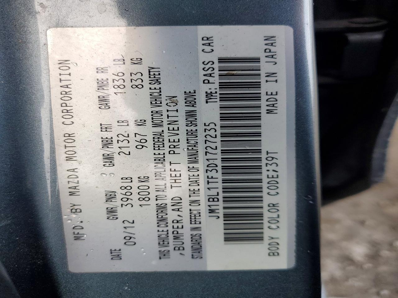 2013 Mazda 3 I Teal vin: JM1BL1TF3D1727235