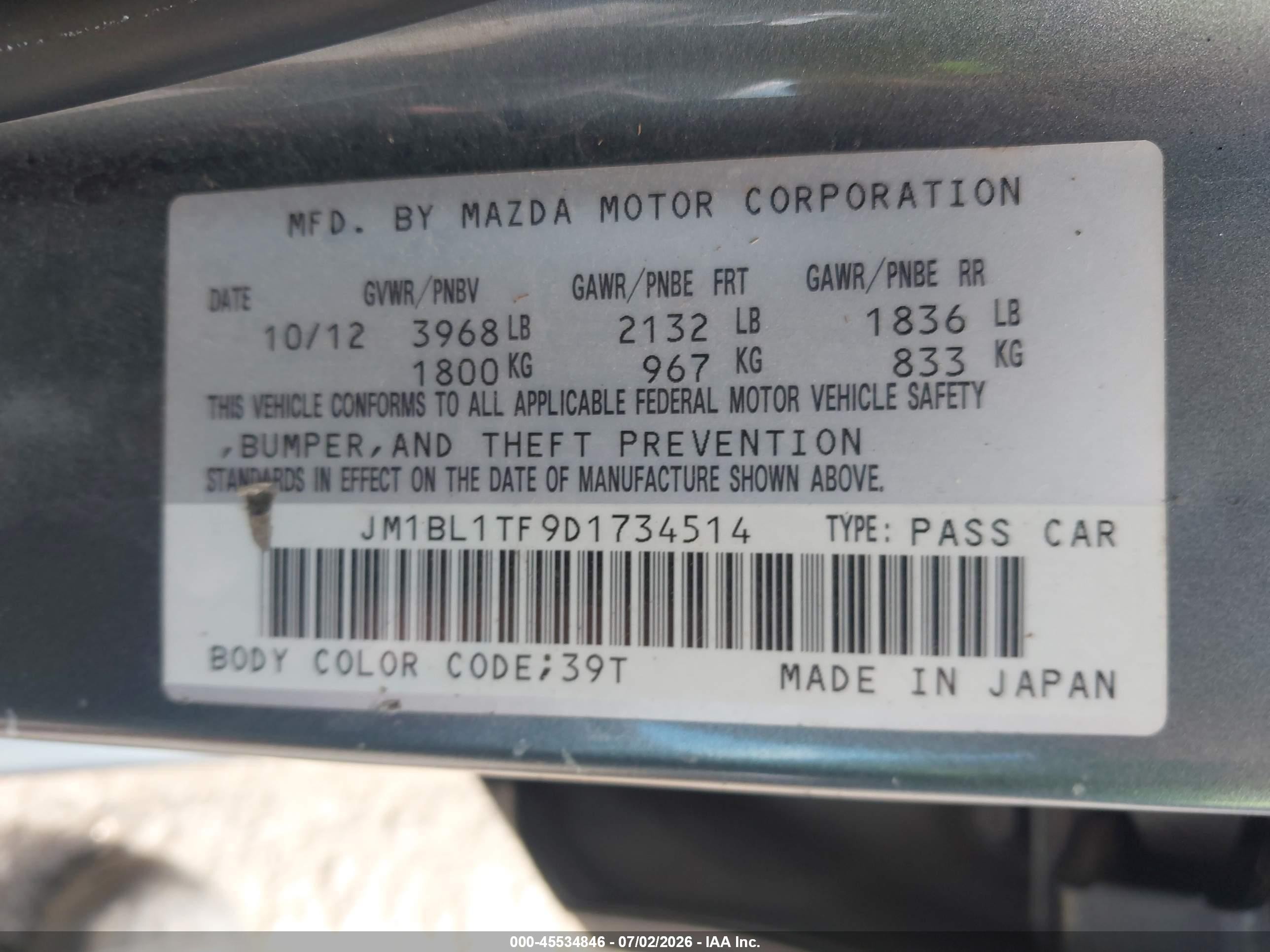 2013 Mazda Mazda3 I Sv Blue vin: JM1BL1TF9D1734514