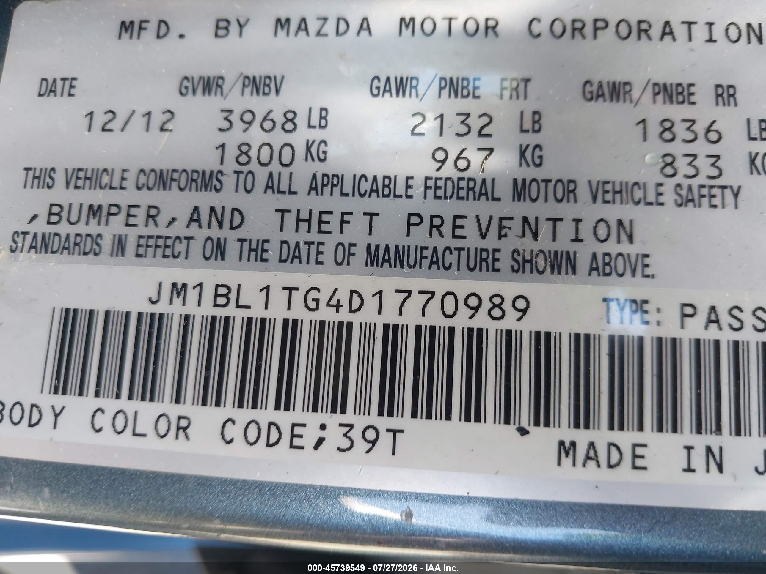 2013 Mazda Mazda3 I Sv Blue vin: JM1BL1TG4D1770989