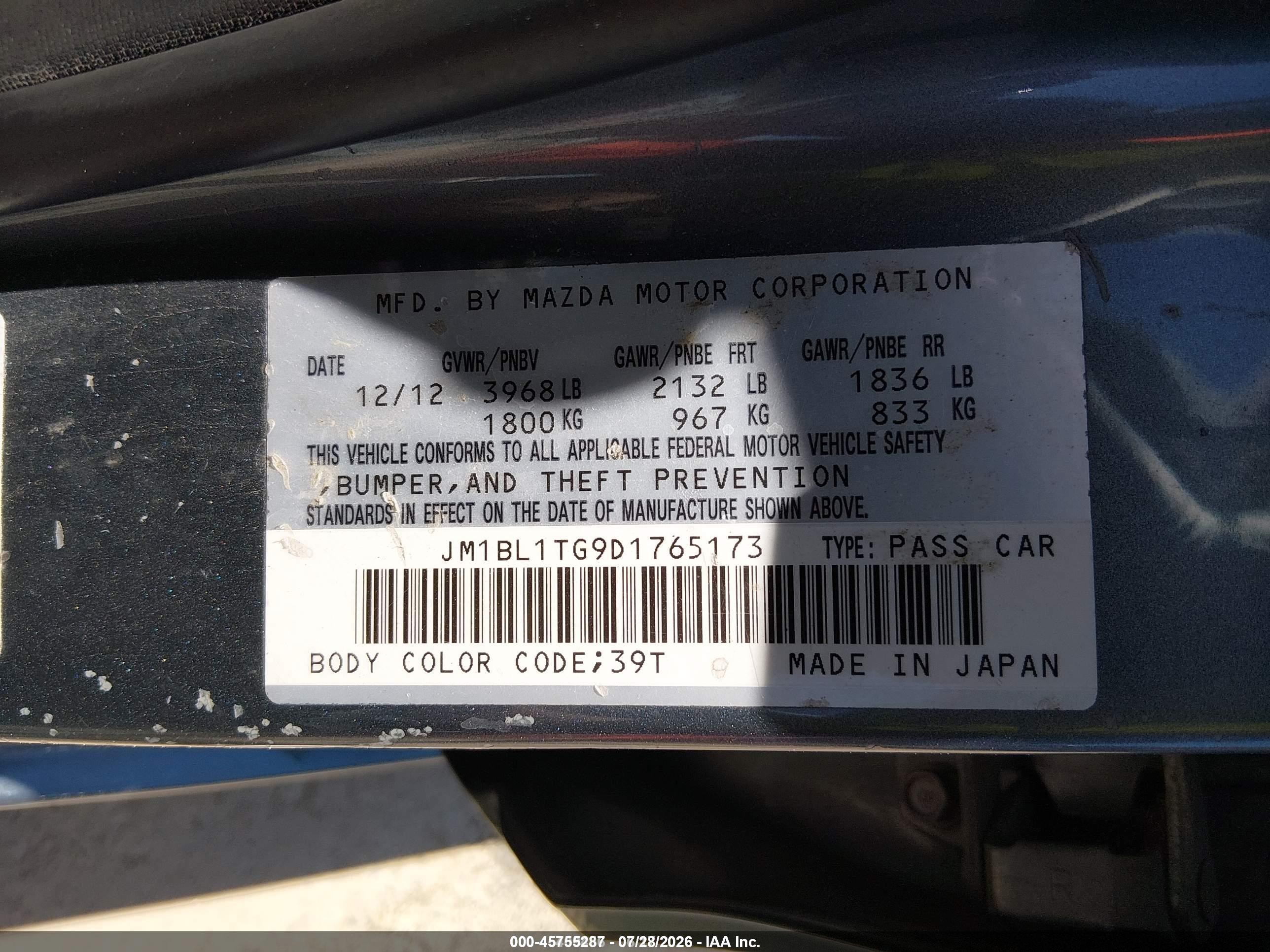 2013 Mazda Mazda3 I Sv Light Blue vin: JM1BL1TG9D1765173