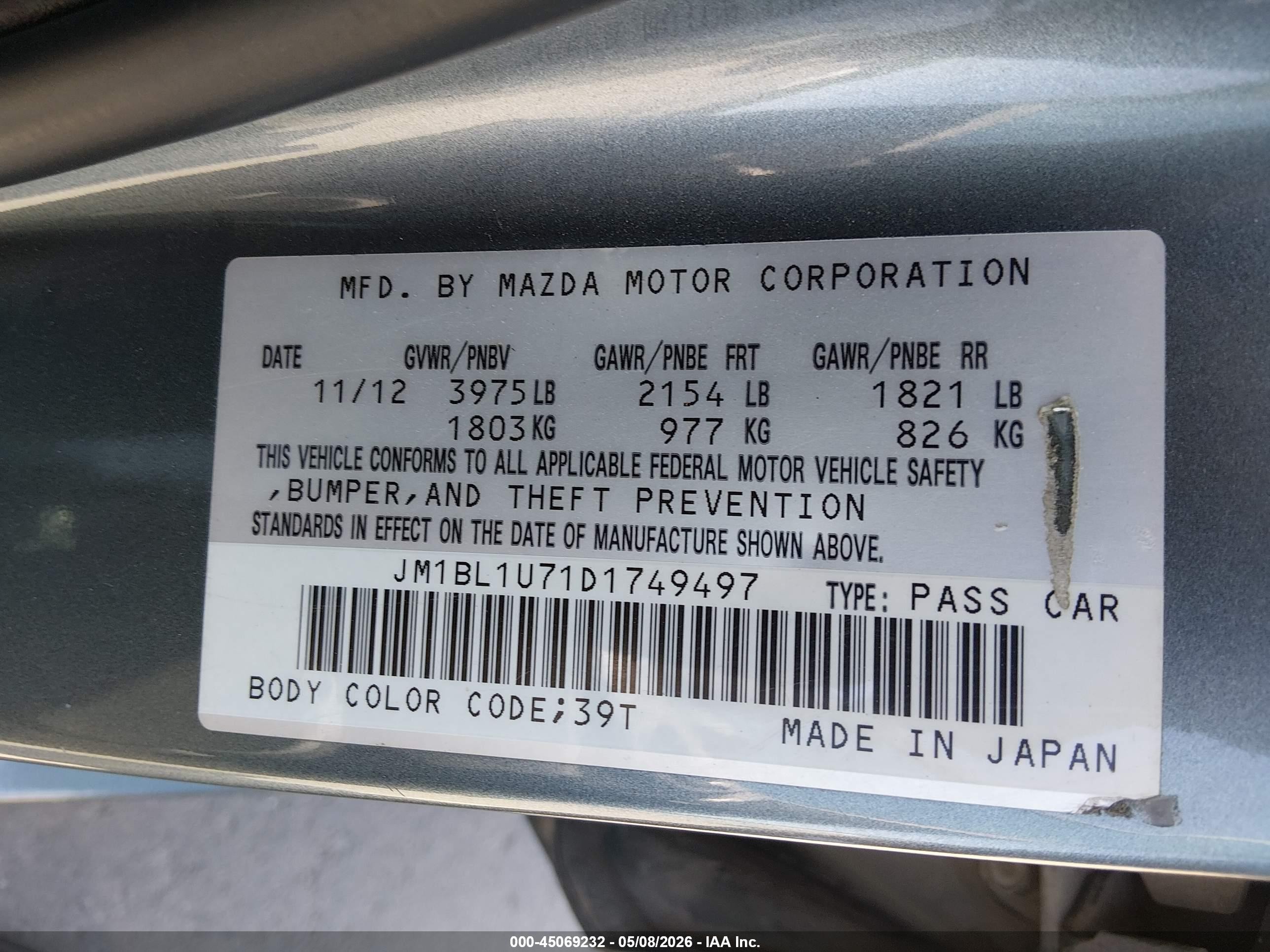 2013 Mazda Mazda3 I Sport Light Blue vin: JM1BL1U71D1749497