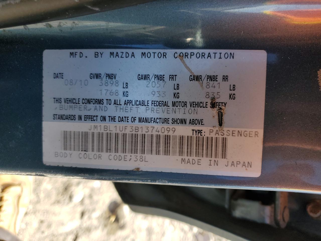 2011 Mazda 3 I Blue vin: JM1BL1UF3B1374099