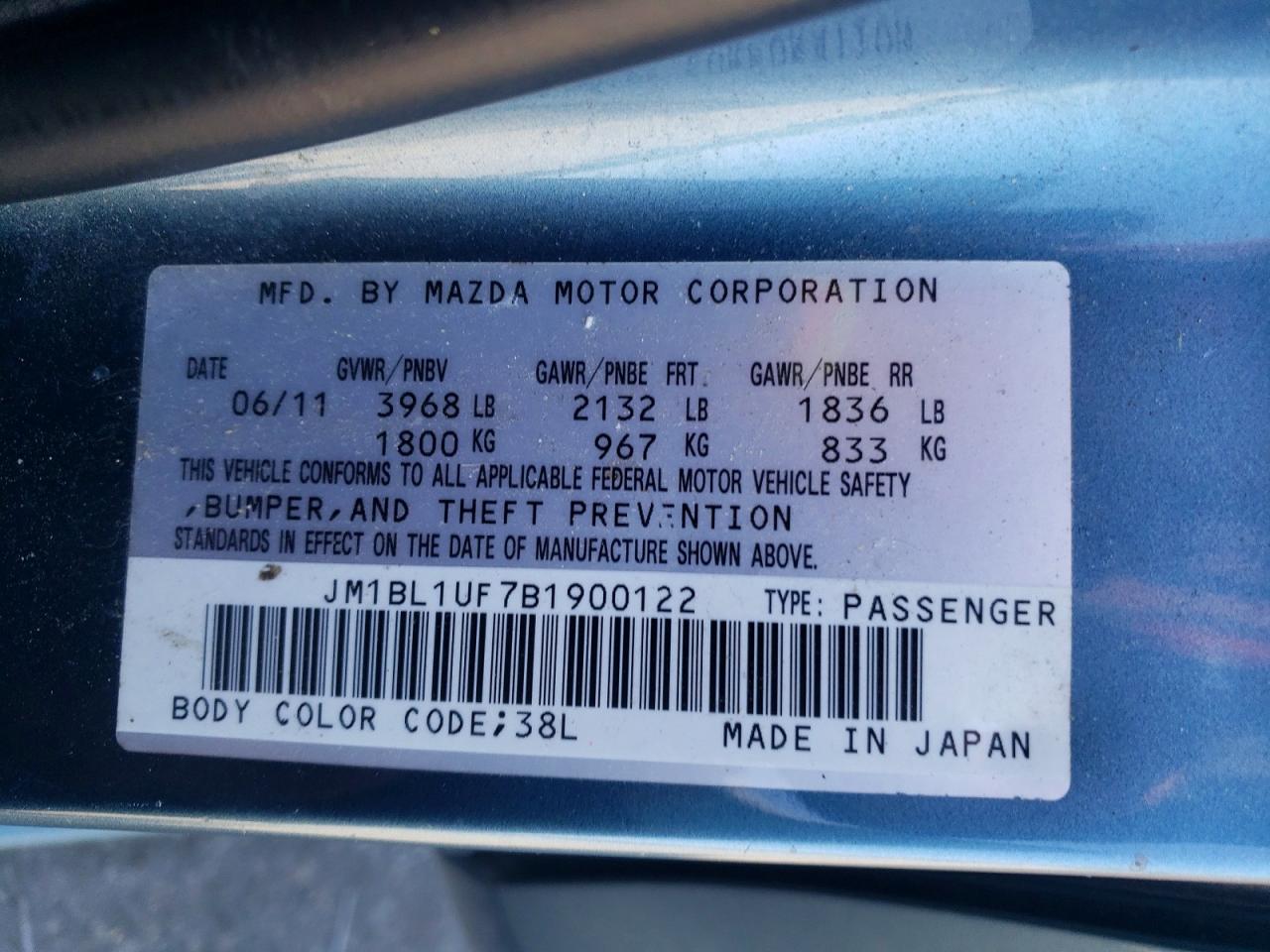 2011 Mazda 3 I Teal vin: JM1BL1UF7B1900122