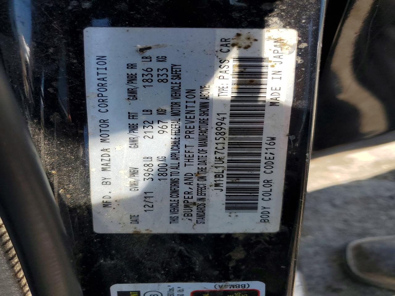 2012 Mazda 3 I Black vin: JM1BL1UF7C1589941