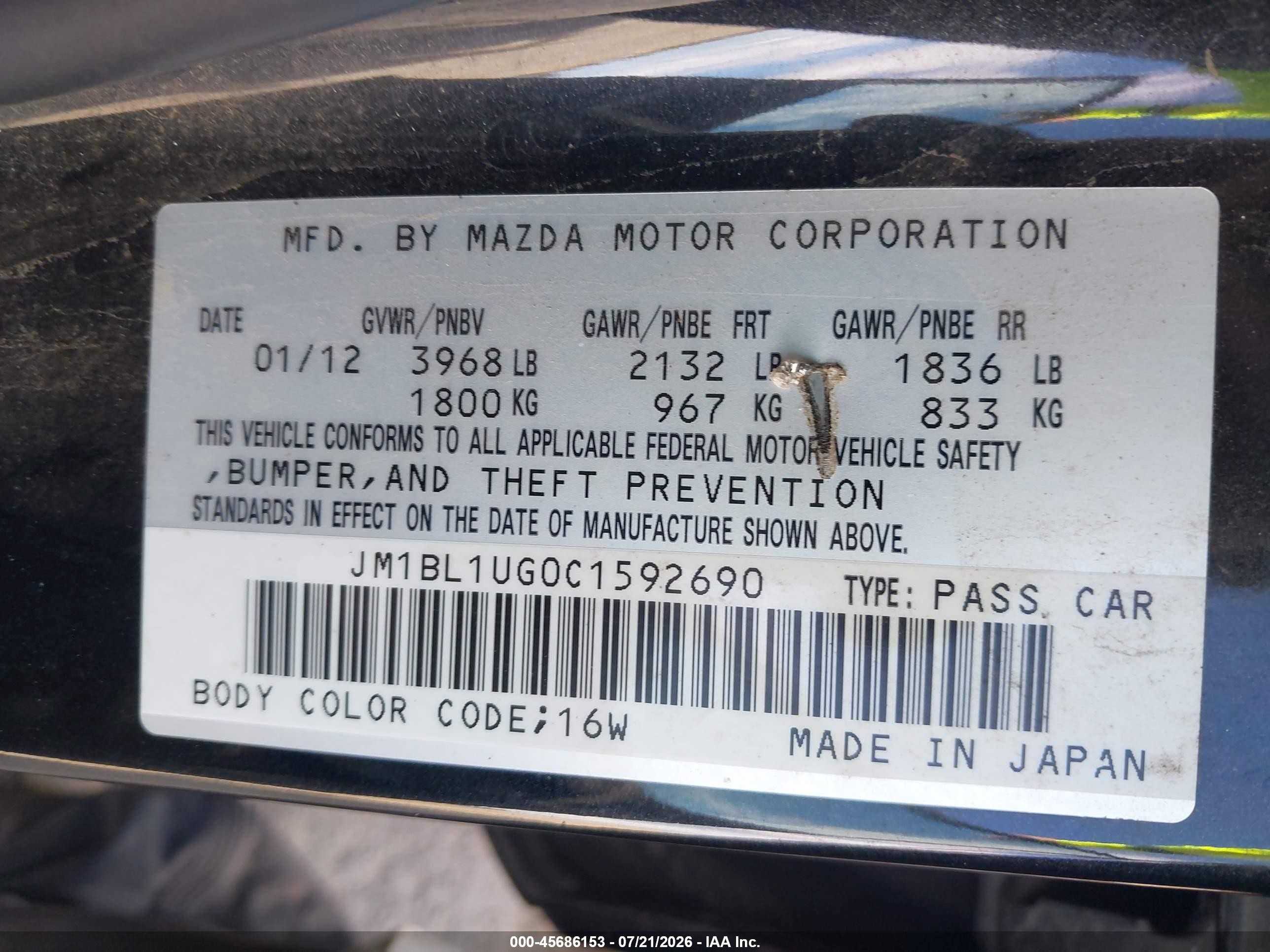 2012 Mazda Mazda3 I Sport Черный vin: JM1BL1UG0C1592690
