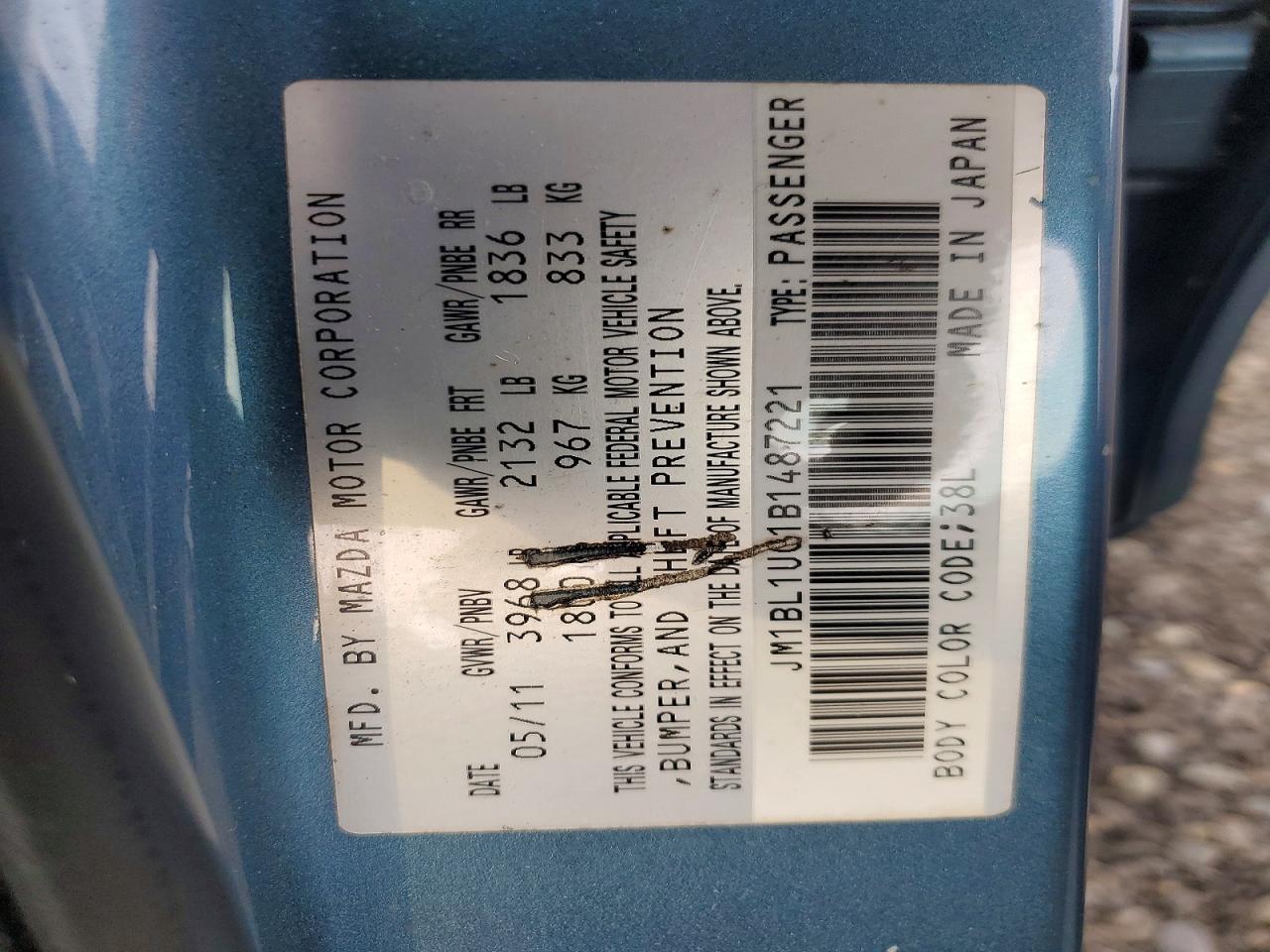 2011 Mazda 3 I Blue vin: JM1BL1UG1B1487221