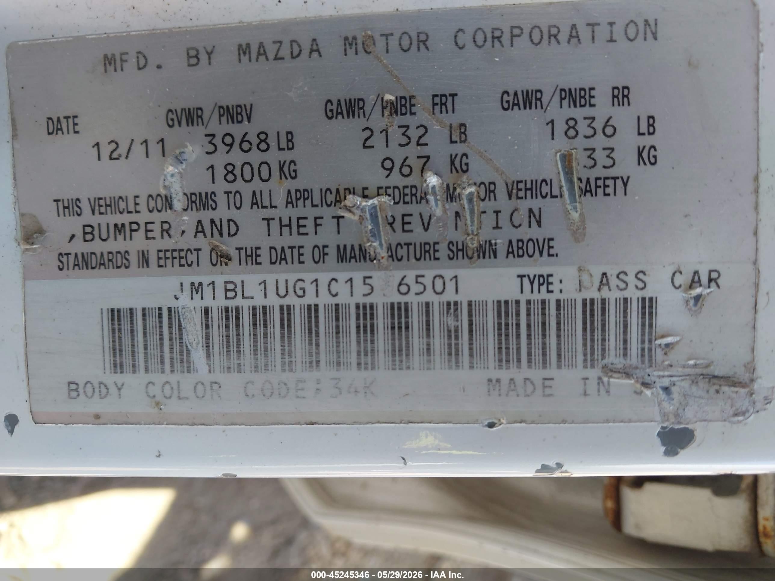 2012 Mazda Mazda3 I Sport White vin: JM1BL1UG1C1576501