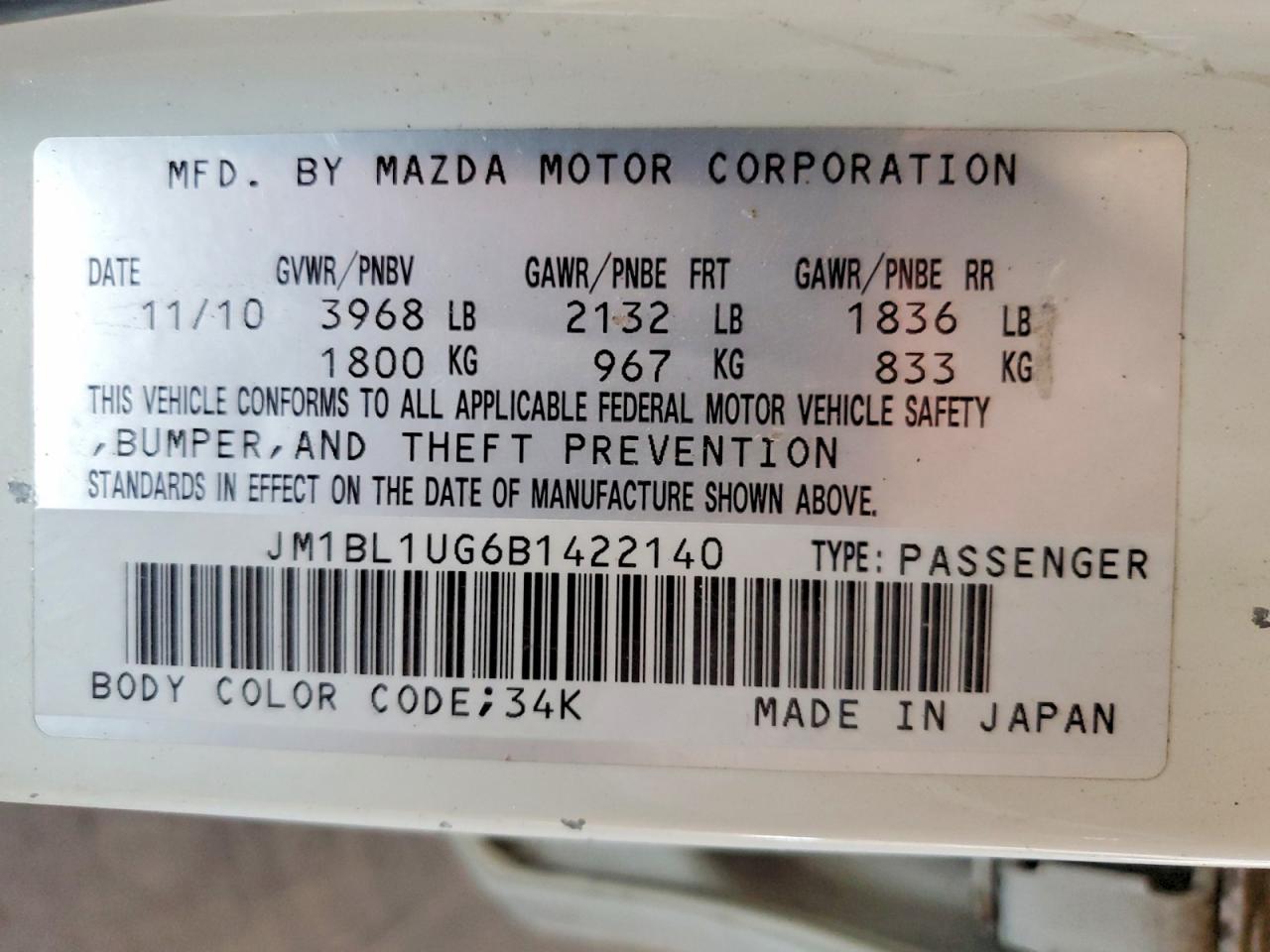 2011 Mazda 3 I White vin: JM1BL1UG6B1422140