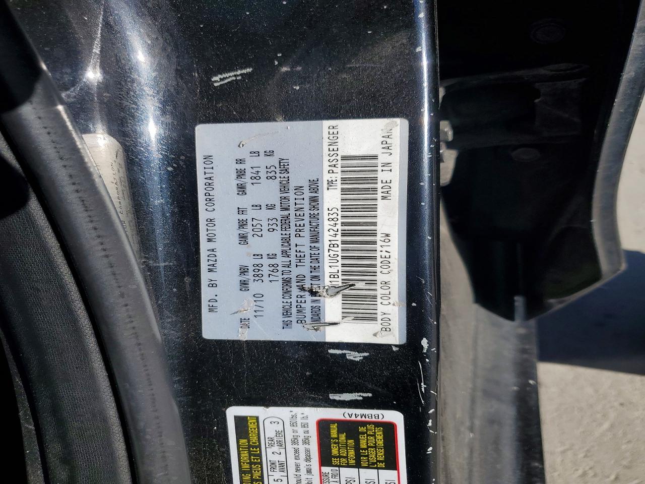 2011 Mazda 3 I Black vin: JM1BL1UG7B1424835
