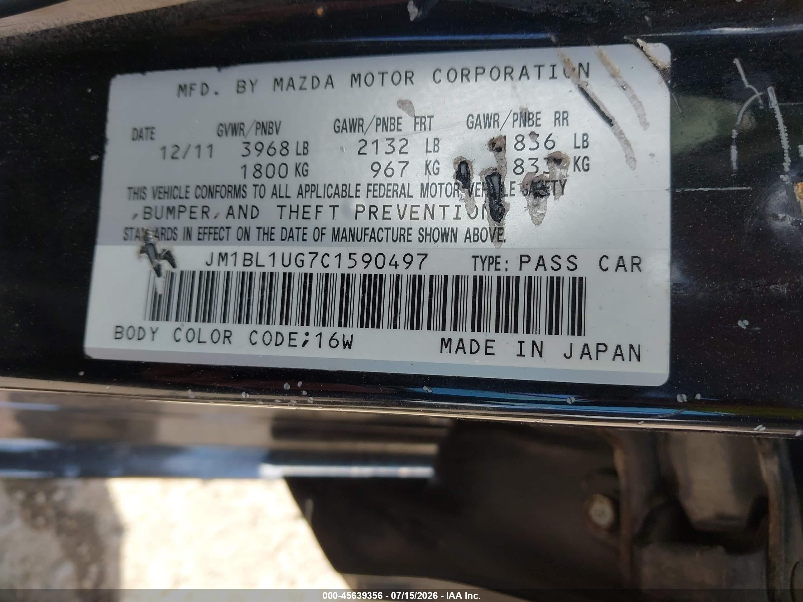 2012 Mazda Mazda3 I Sport Black vin: JM1BL1UG7C1590497