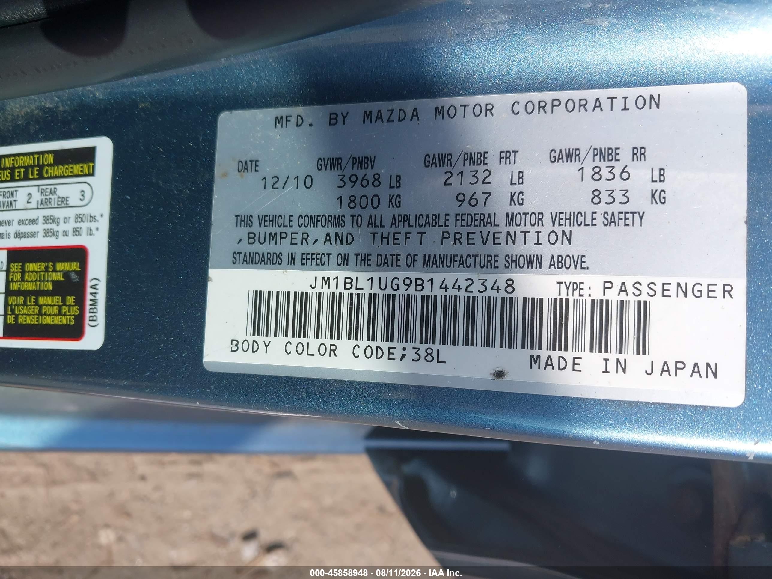 2011 Mazda Mazda3 I Sport Blue vin: JM1BL1UG9B1442348