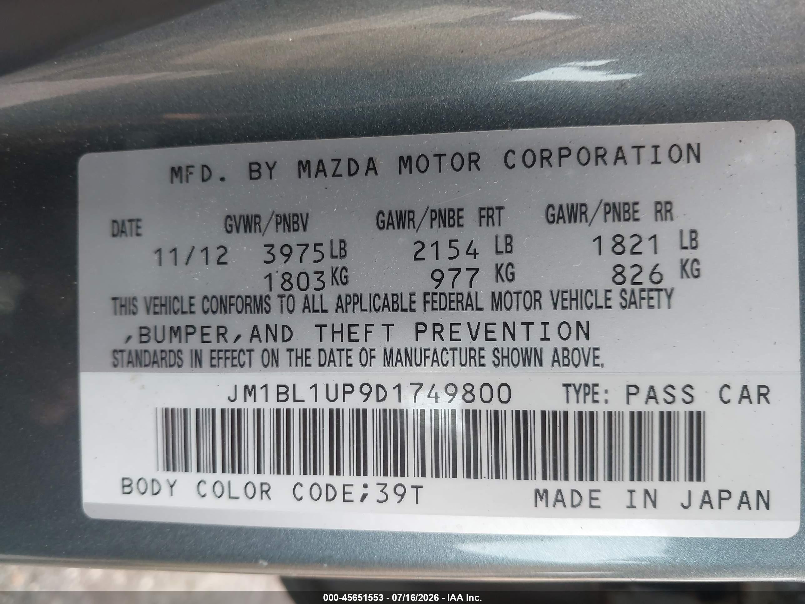 2013 Mazda Mazda3 I Sport Turquoise vin: JM1BL1UP9D1749800