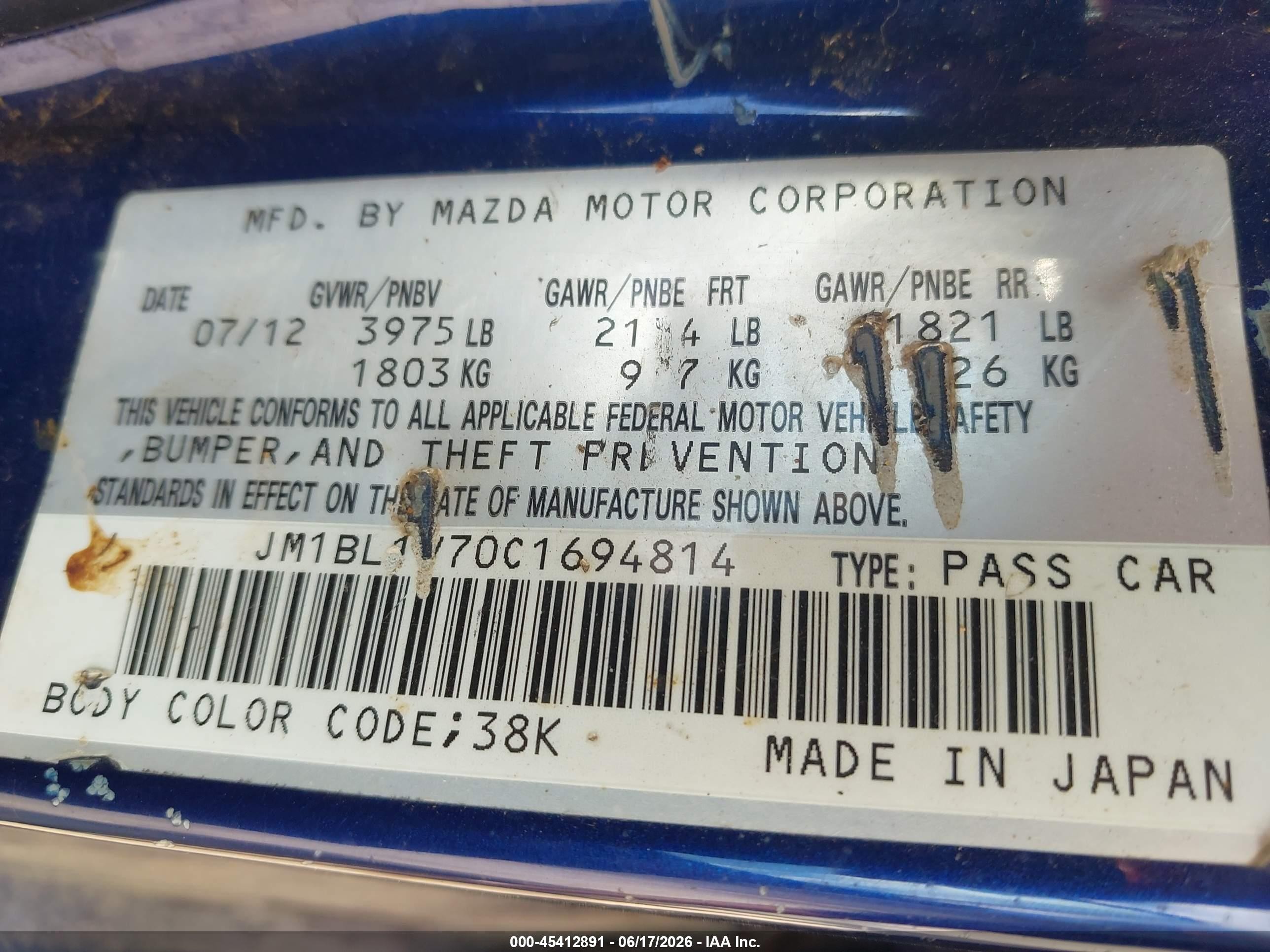 2012 Mazda Mazda3 I Touring Blue vin: JM1BL1V70C1694814