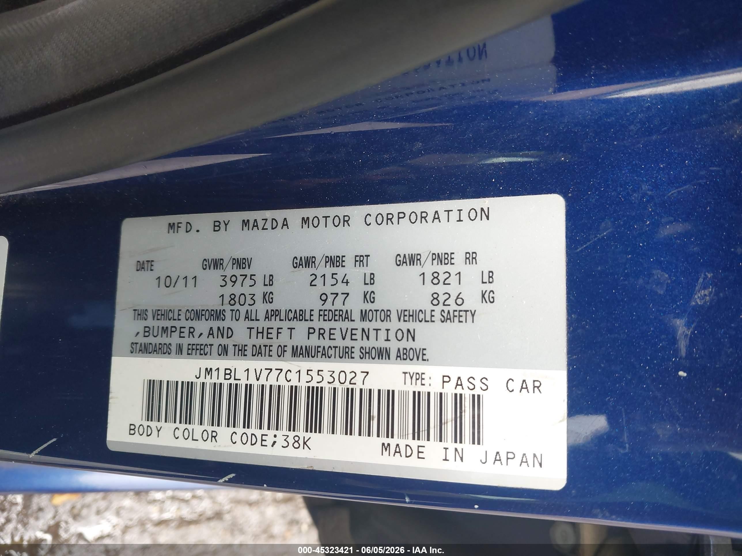 2012 Mazda Mazda3 I Touring Blue vin: JM1BL1V77C1553027