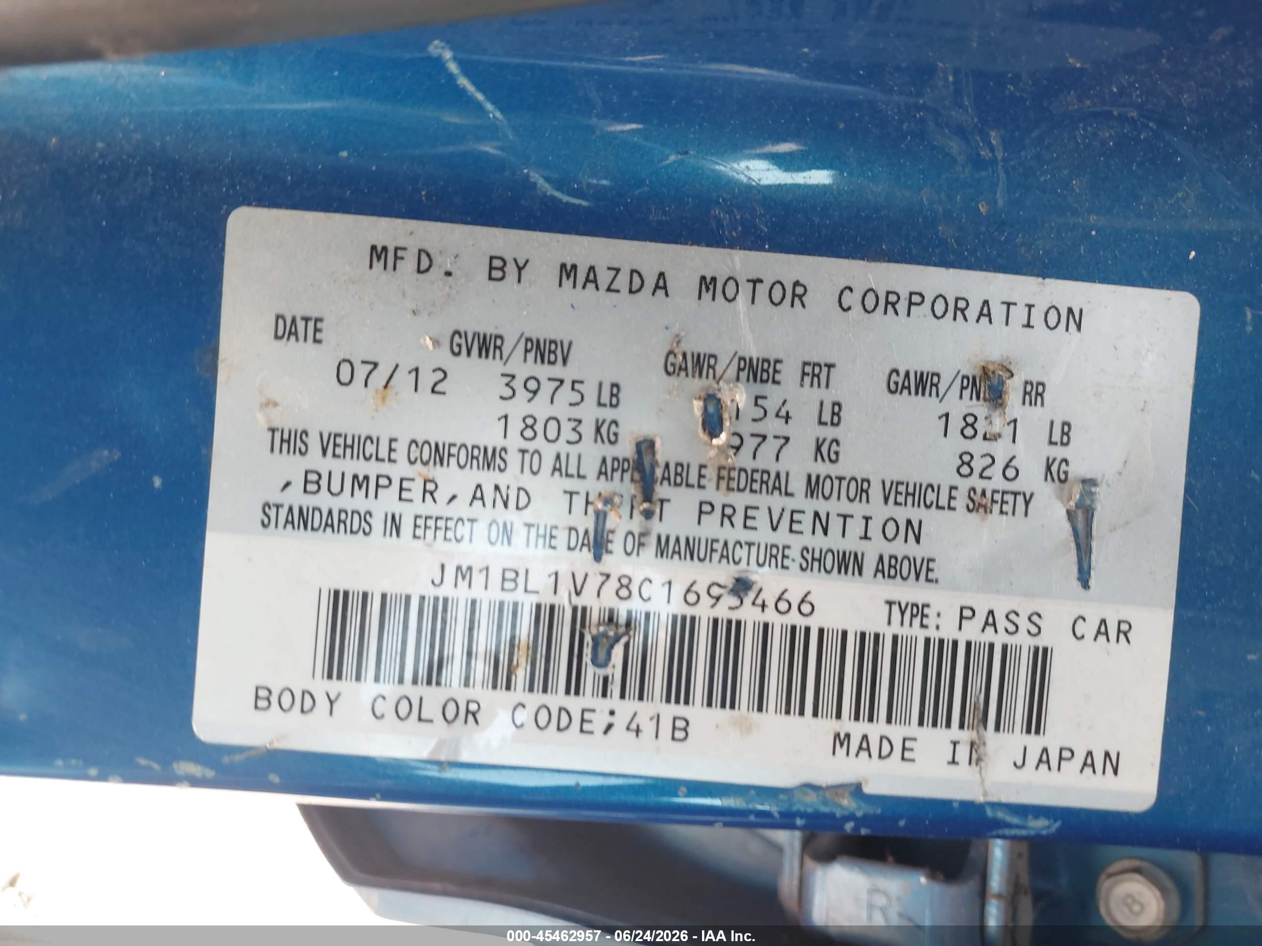 2012 Mazda Mazda3 I Touring Blue vin: JM1BL1V78C1695466