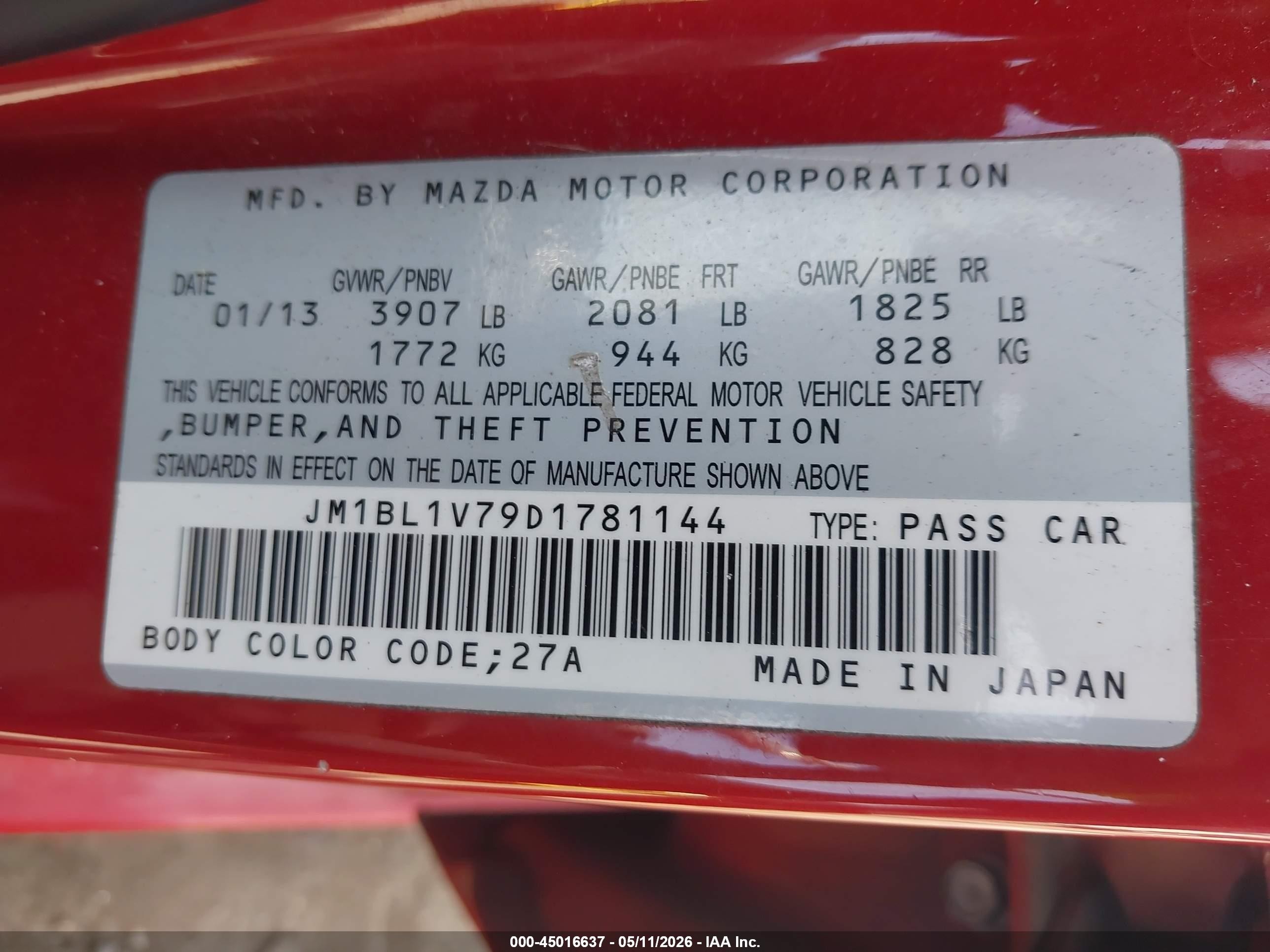 2013 Mazda Mazda3 I Touring Red vin: JM1BL1V79D1781144