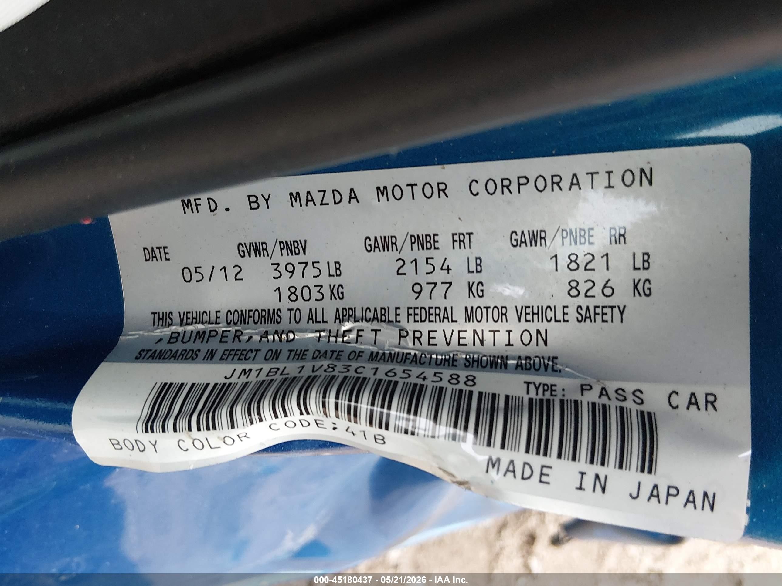 2012 Mazda Mazda3 I Touring Blue vin: JM1BL1V83C1654588