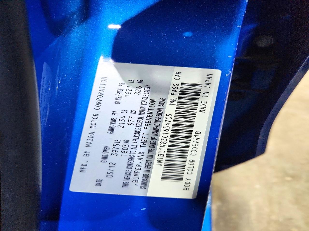 2012 Mazda 3 I Blue vin: JM1BL1V83C1654705