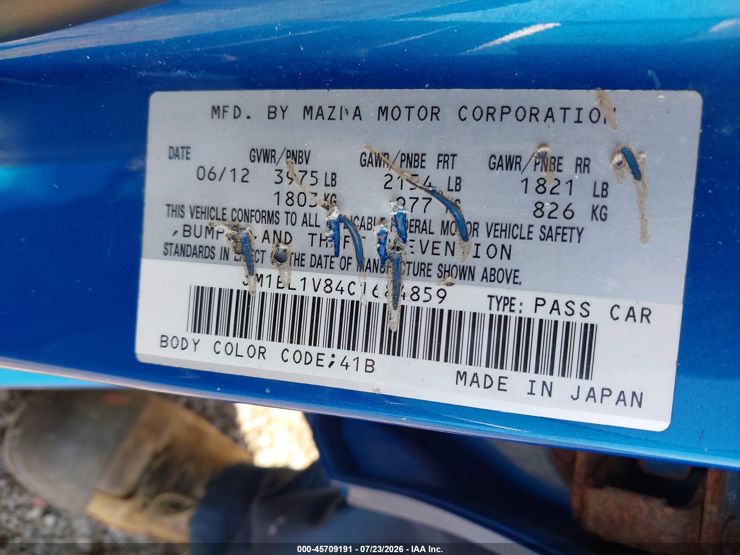 2012 Mazda Mazda3 I Touring Blue vin: JM1BL1V84C1684859