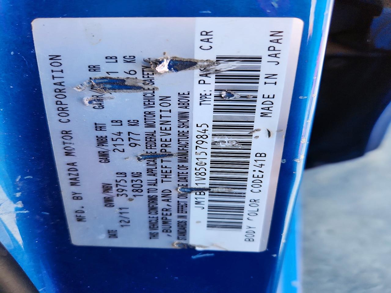 2012 Mazda 3 I Blue vin: JM1BL1V85C1579845