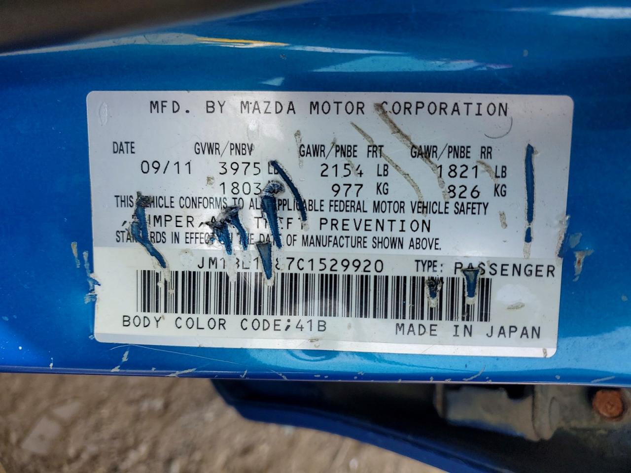 2012 Mazda 3 I Blue vin: JM1BL1V87C1529920