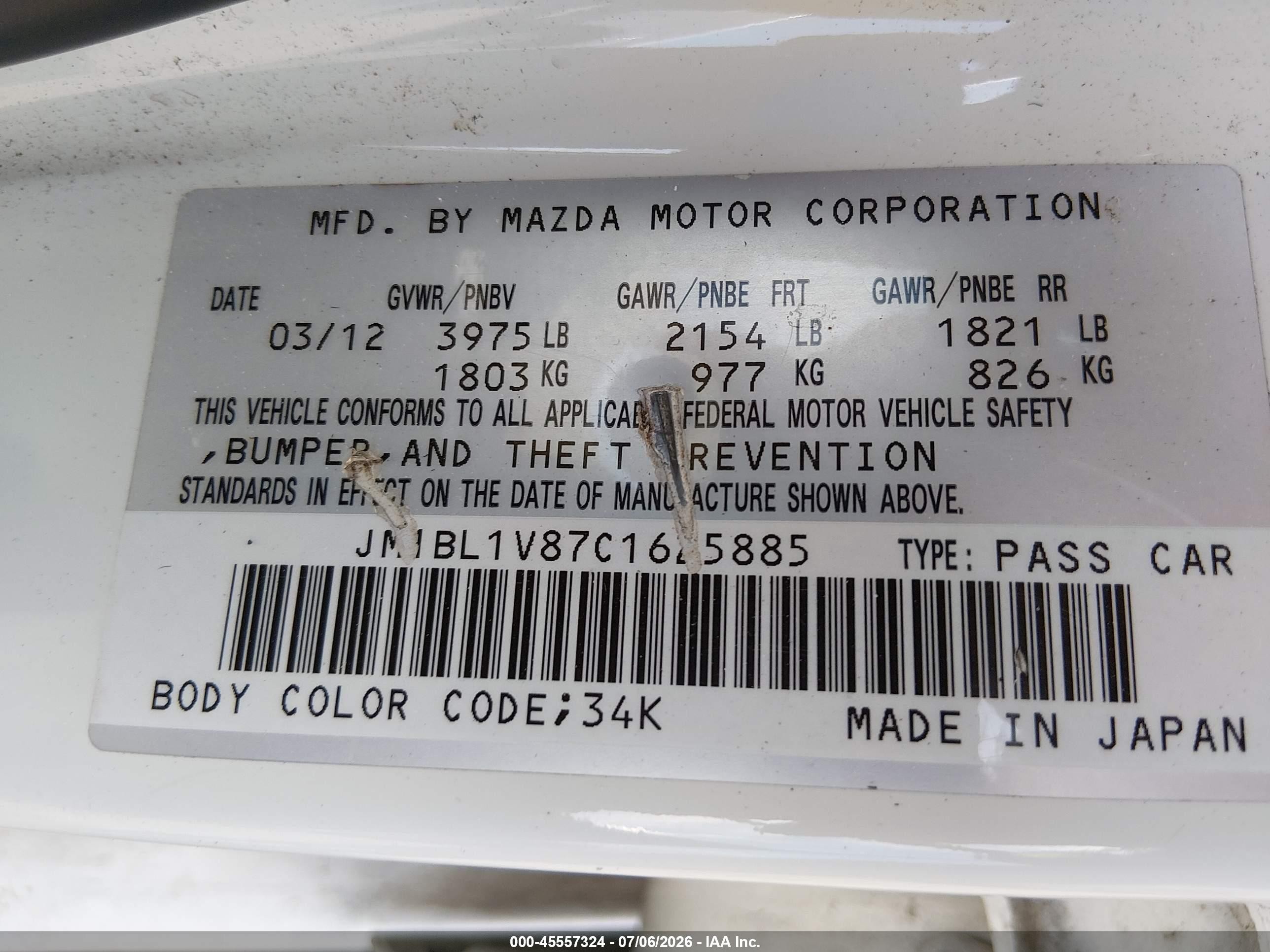 2012 Mazda Mazda3 I Touring White vin: JM1BL1V87C1625885