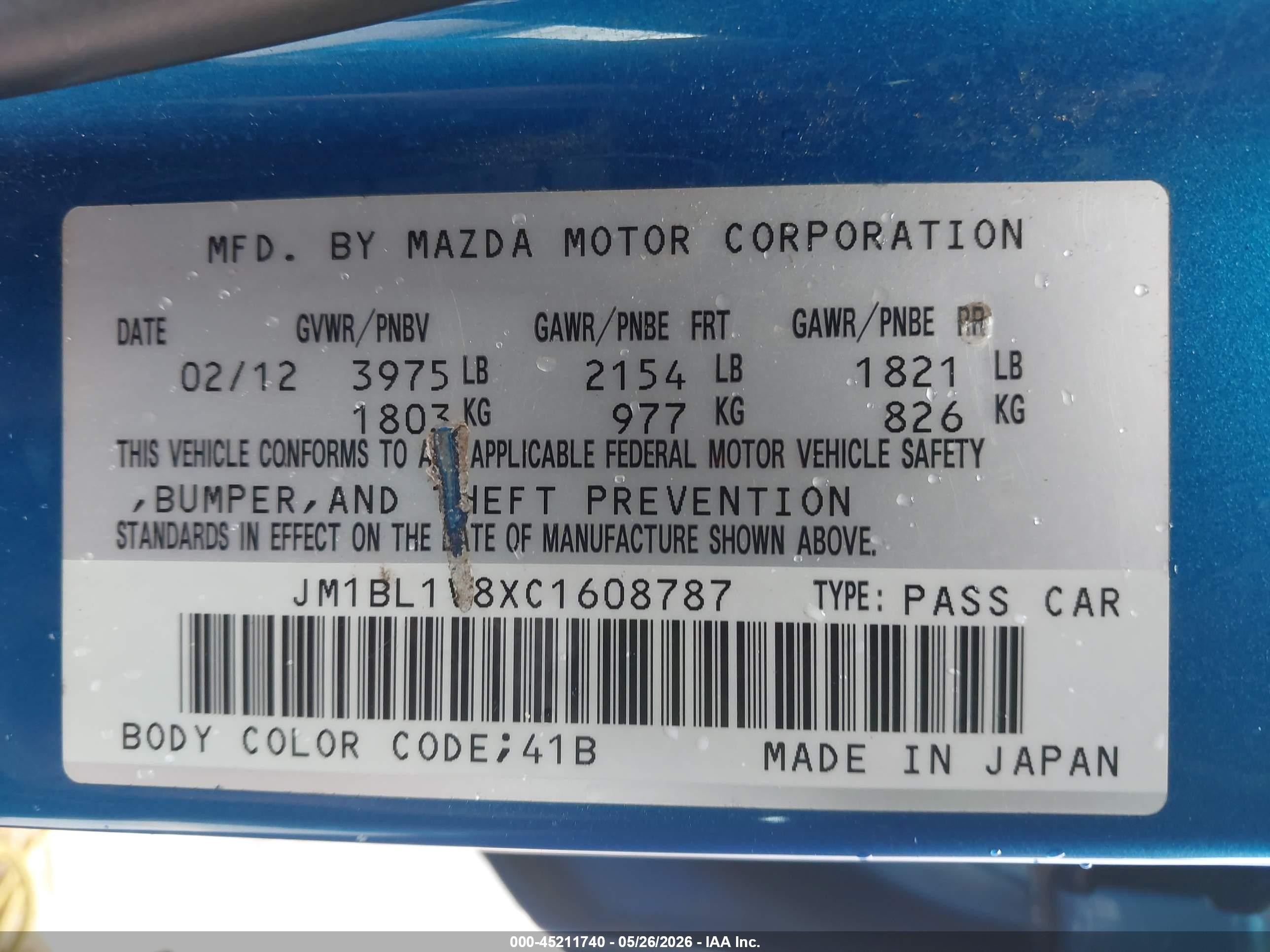 2012 Mazda Mazda3 I Touring Blue vin: JM1BL1V8XC1608787