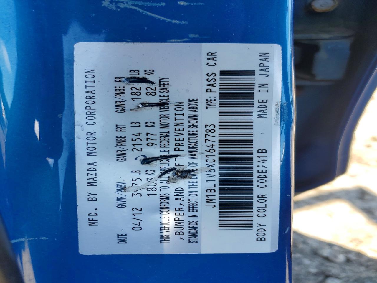 2012 Mazda 3 I Blue vin: JM1BL1V8XC1647783