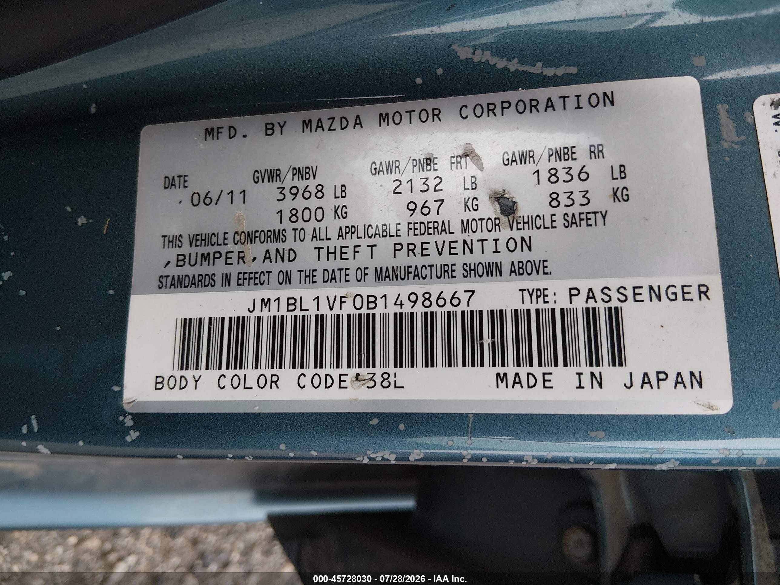 2011 Mazda Mazda3 I Touring Blue vin: JM1BL1VF0B1498667